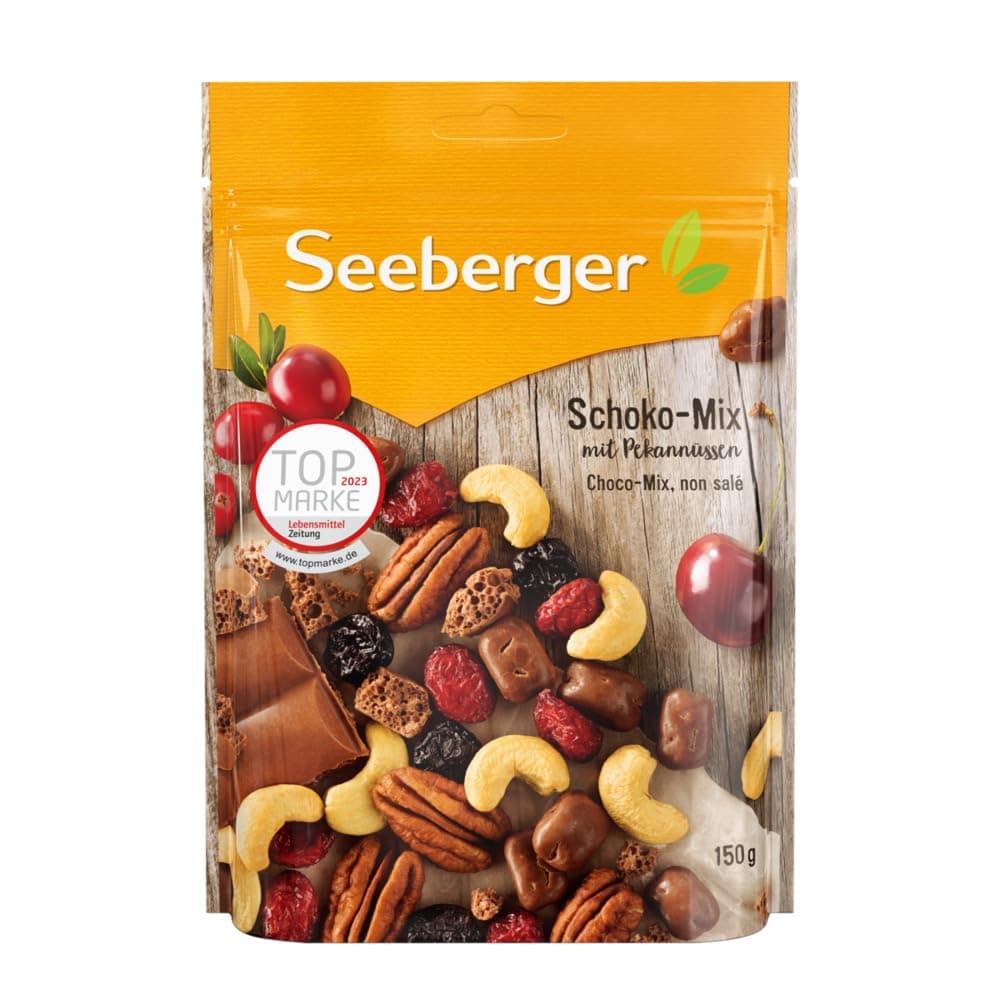 Seeberger Schoko-Mix 5er Pack, Einzigartige Schokoladen-Mischung mit Pekannüssen, Cashews, Cranberries und Kirschen - knackig & lecker - vegan (5 x 150 g)