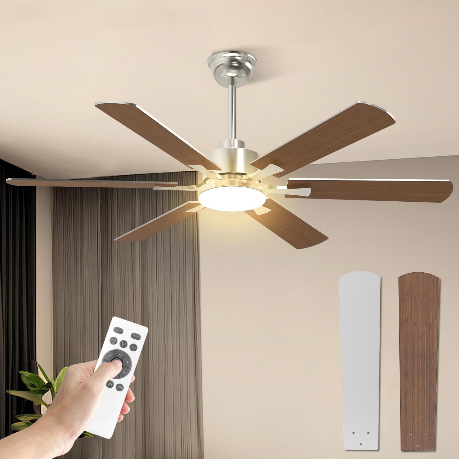 Mefine Grande 132cm Ventilador de Techo con Luz LED, Silencioso Regulable Lampara Ventilador Techo con Mando y Reversible DC Motor para Dormitorio Salón (Color Madera & Plata-Instalación con Varilla)