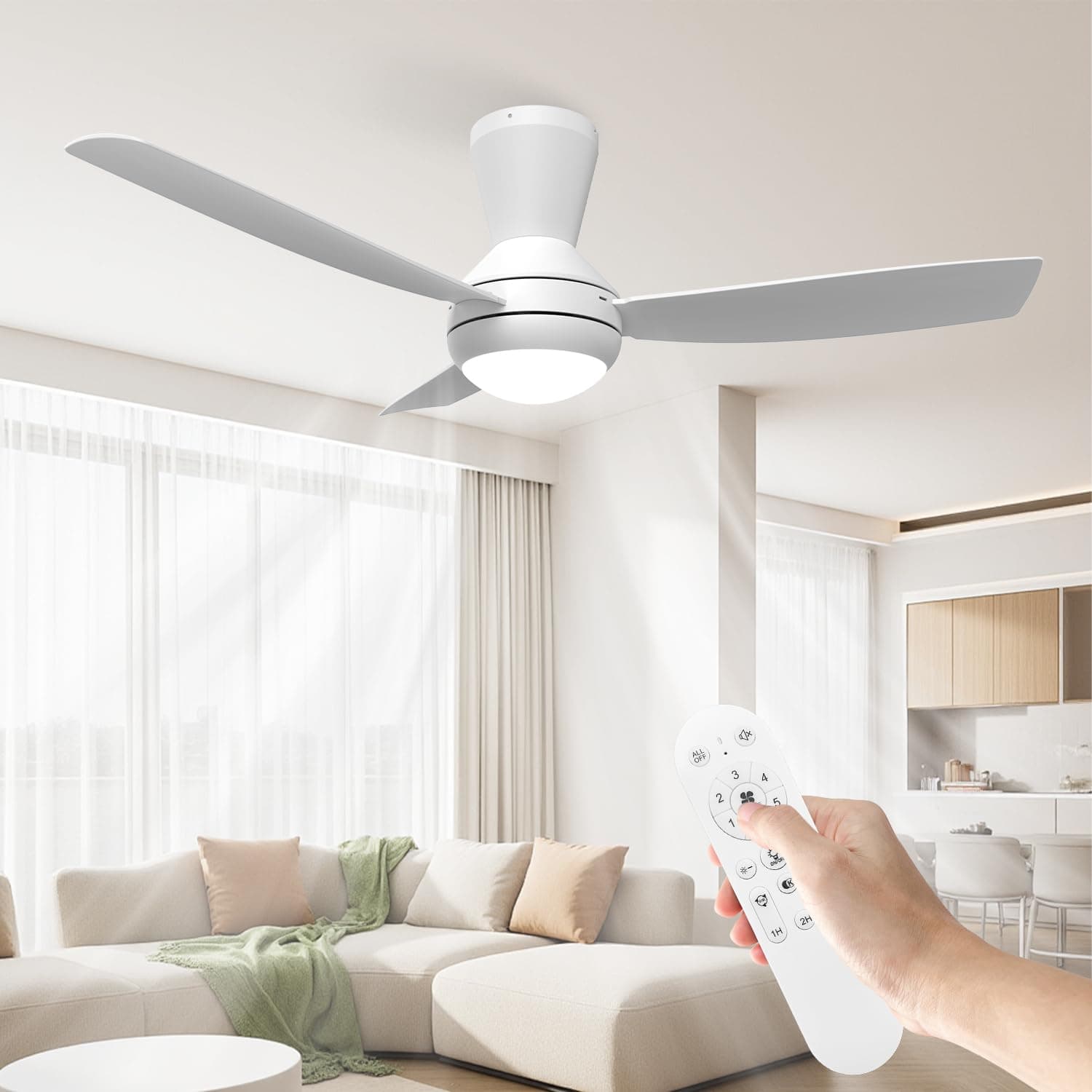 Airwit Ventilador de Techo 106cm con Luz LED Regulable, 3 Aspas Snap-On, Silencioso Ventilador Techo con Mando para Dormitorio Salon Cocina, 6 Velocidades, Instalación Rápida, Blanco