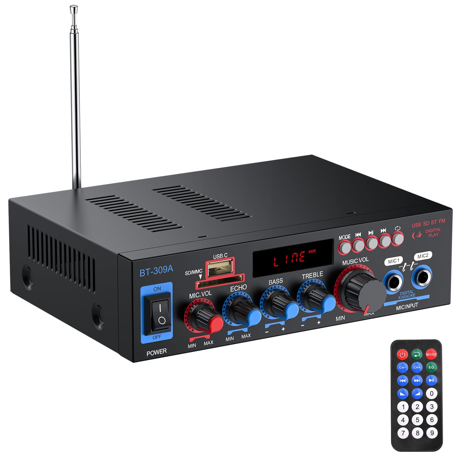 PROZOR Amplificador de Audio 800W HiFi Estéreo Bluetooth 5.0 Sonido Digital Radio FM Tarjeta TF SD Dos Microfonos para Automóviles Hogar