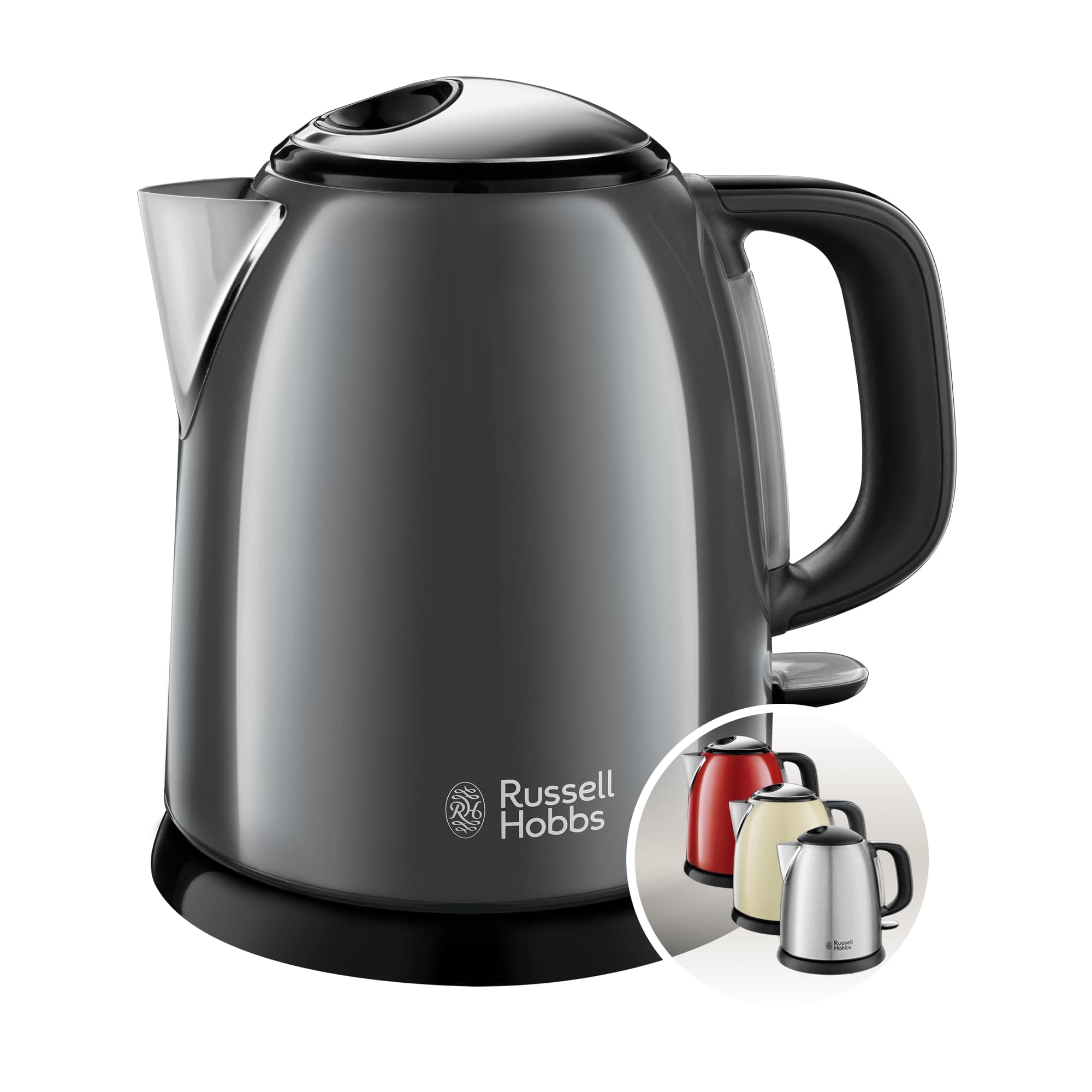 Russell Hobbs Hervidor Agua Eléctrico [1 l, mini, compacto, pequeño] Colours+ Grey (acero inoxidable, zona ebullición rápida, filtro antical extraíble, indicador nivel de agua, 2400 W, gris) 24993-70