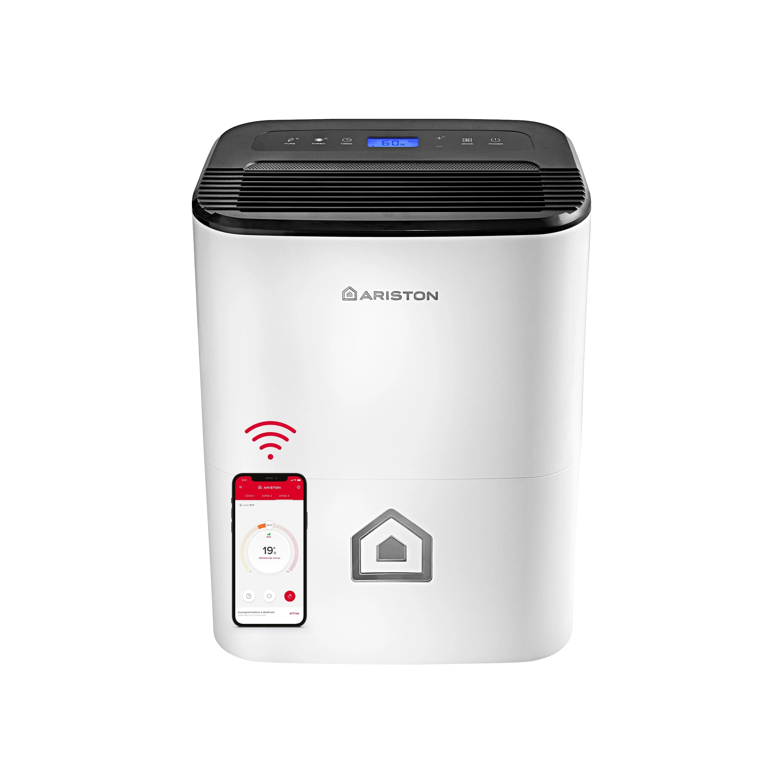 Ariston DEOS 21S NET Wifi - Deumidificatore Casa Muffa Portatile 21L/24h con Ruote, Aree Fino 50㎡ Assorbi Umidità ‎35x25x51, Filtro Hepa Purifica Aria e Ampio Display, Consumo 440w Compatibile con App
