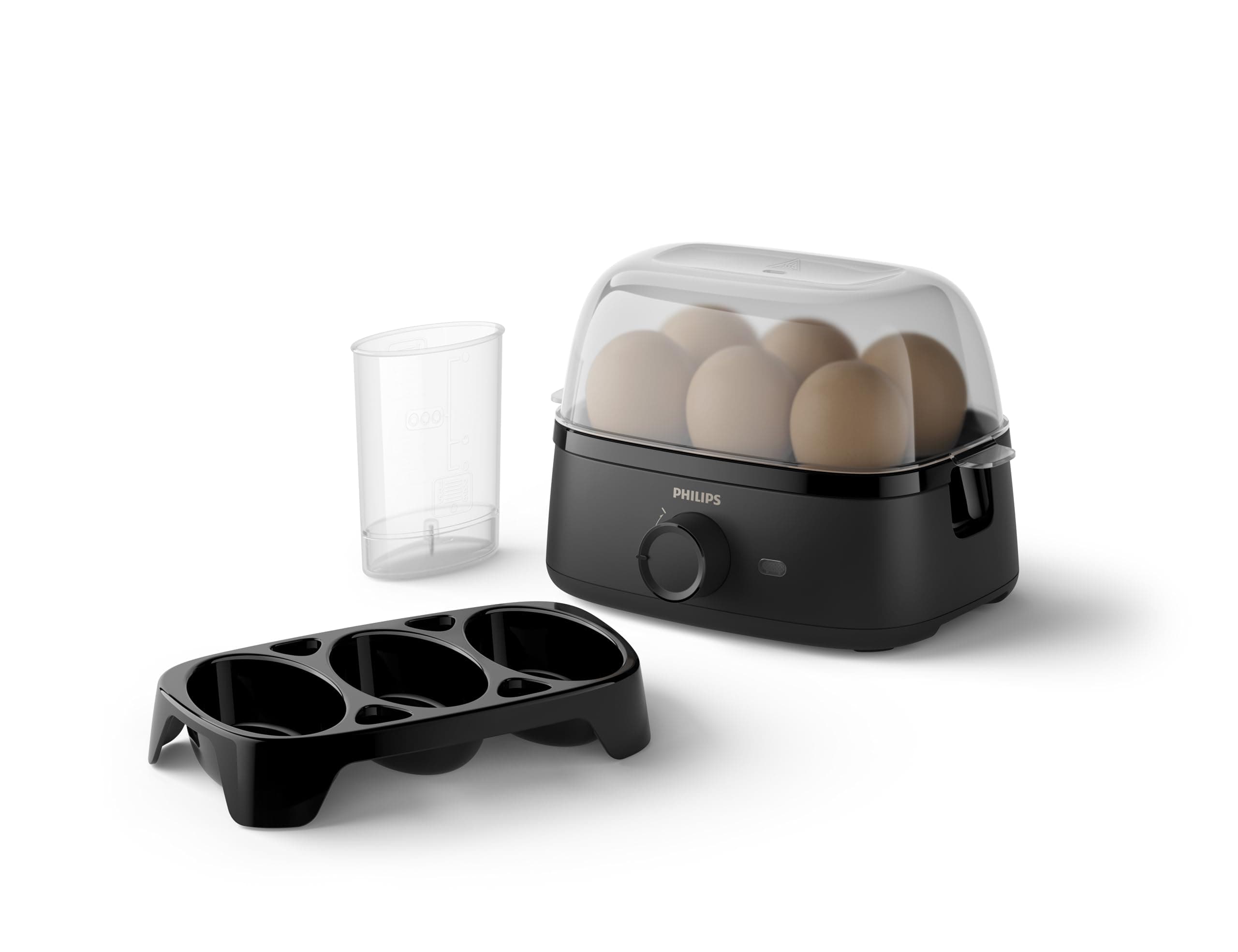 Philips 3000 Cuece Huevos Eléctrico, hasta 6 Unidades, 400 W | Cuecehuevos para hasta 6 huevos, blandos, medios o duros, bandeja para escalfar y perforador, 400 W, Negro (HD9137/90)