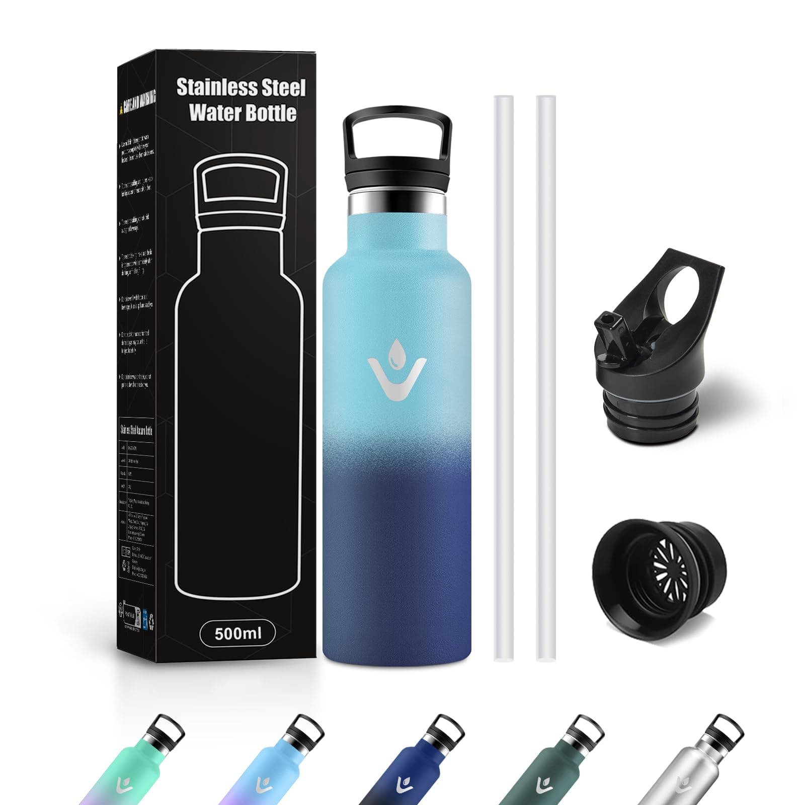 Bottiglia Termica 500ml, Borraccia Termica con Cannuccia, Riutilizzabile, senza BPA, a prova di perdite, per Campeggio, Viaggio