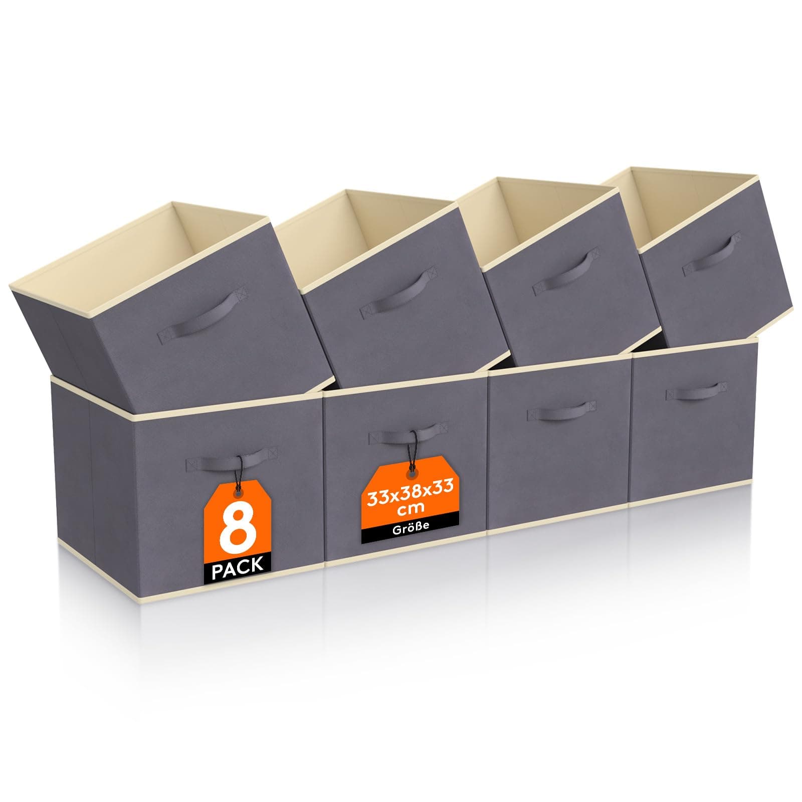 Lifewit Aufbewahrungsbox aus Stoff, 41L Faltbar Aufbewahrungswürfel Ordnungsboxen Aufbewahrung aus Vliesstoff mit Griff für Würfelregal Ordnungsboxen Regal Einsatz, 8 Stück, 33 x 38 x 33 cm, Grau