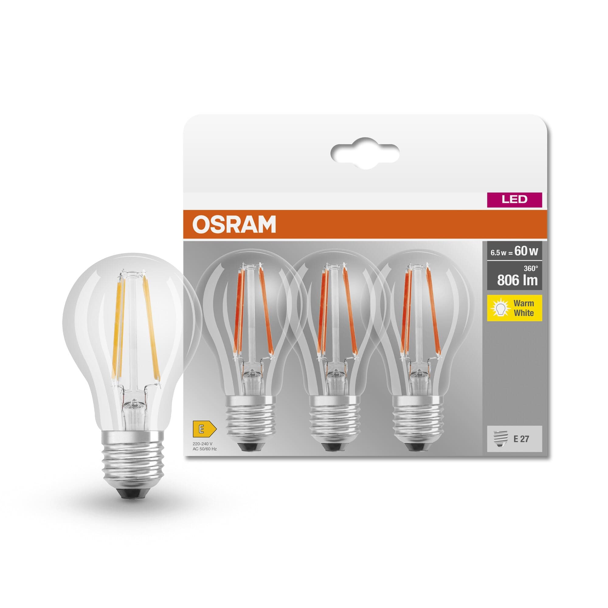 Osram Lamps LED Base Classic A Lampe, in Kolbenform mit E27-Sockel, nicht dimmbar, Ersetzt 60 Watt, Filamentstil Klar, Warmweiß - 2700 Kelvin, 3 Stück (1er Pack)