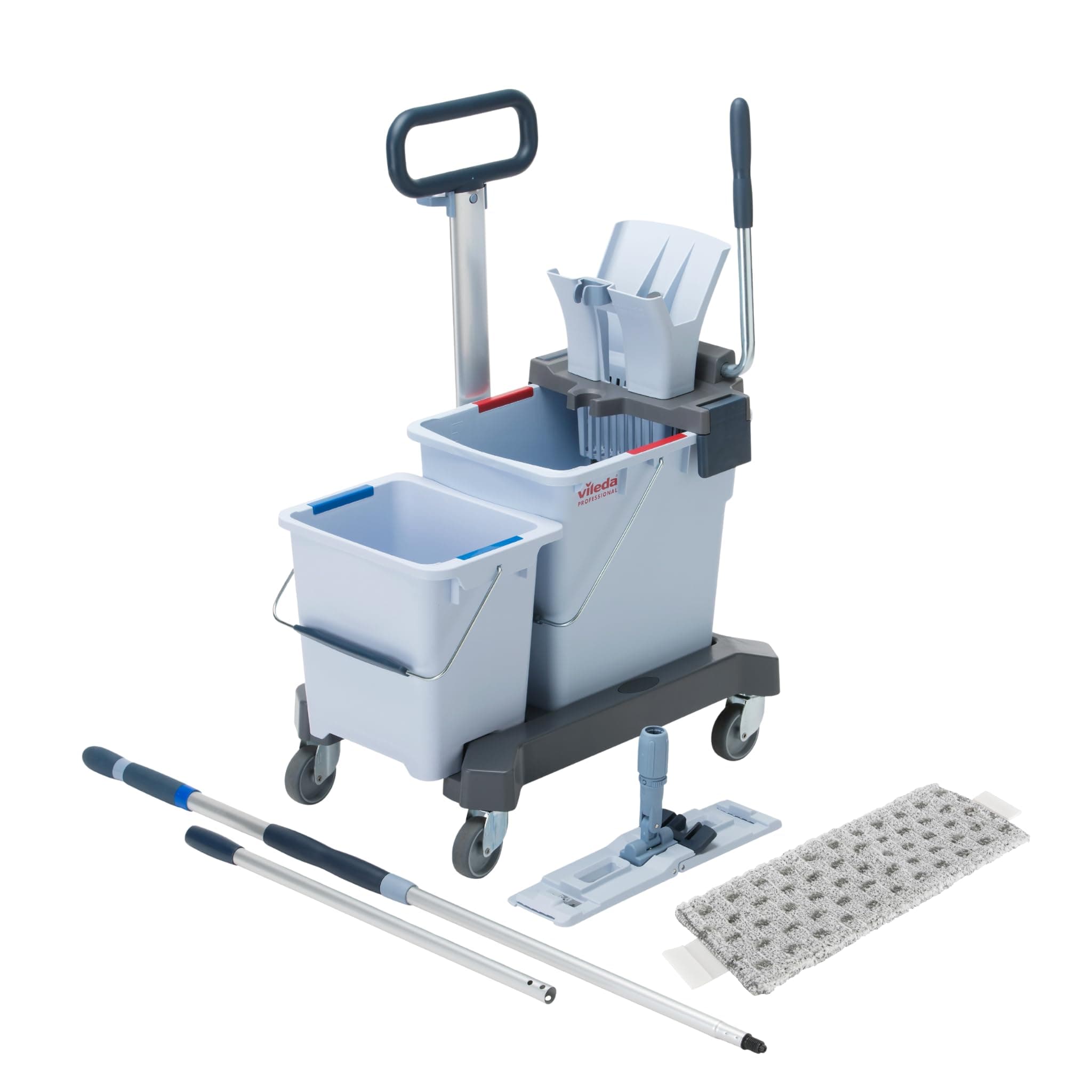 Vileda Professional, UltraSpeed Pro, Chariot de ménage double seau (25L + 8L) avec presse et roues, Support 40cm, Manche télescopique, Frange microfibre, Système de lavage à plat , Hygiénique, 750m2