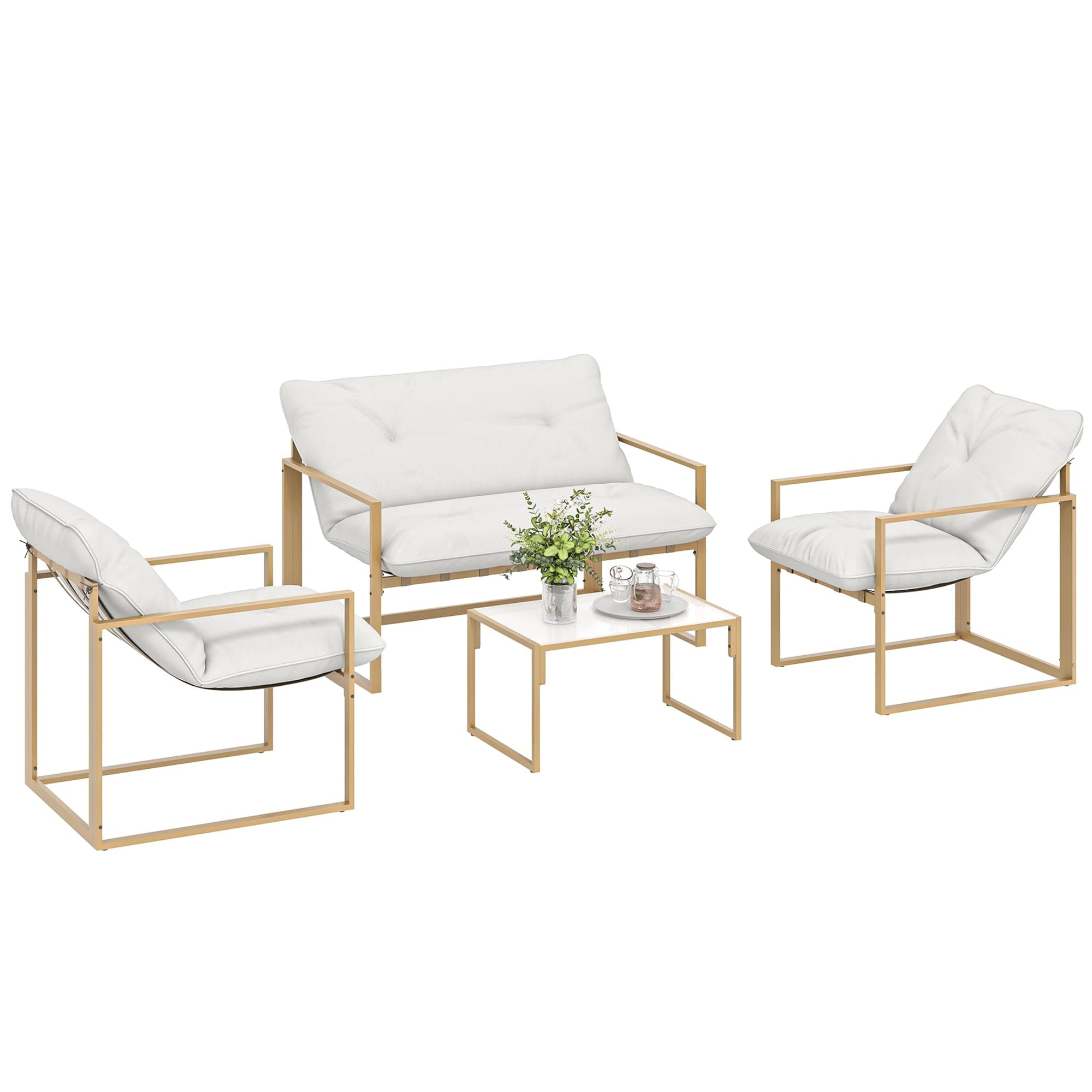 Outsunny Salon de Jardin extérieur 4 pièces avec Coussins Ultra-épais 15cm - Ensemble mobilier de Jardin et Salon Bas pour terrasse - canapé 2 Places avec Table Basse et 2 fauteuils, Cadre Acier Kaki