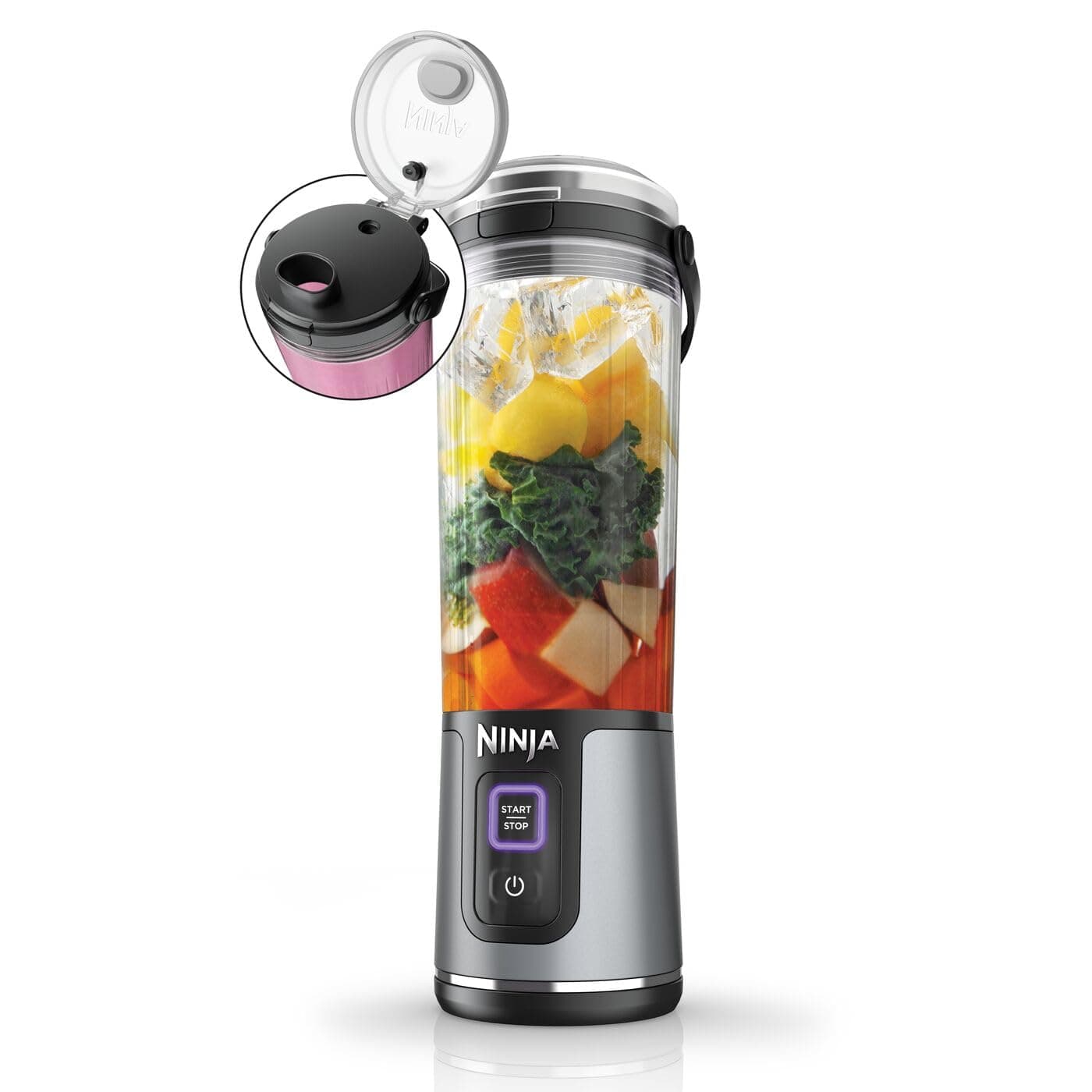 Ninja Blast Batidora portátil, Vaso de 530 ml con tapa antigoteo y boquilla para sorber, Minibatidora sin cable, recargable, smoothies, batidos de proteínas, pica hielo y frutas congeladas, BC151EUBK