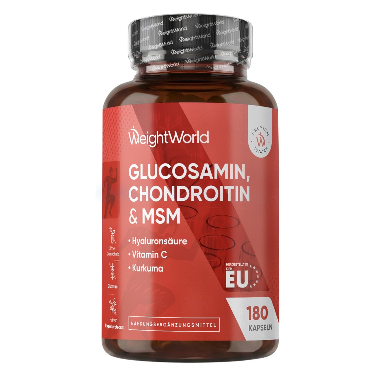 Glucosamin Chondroitin & MSM - 180 Kapseln - 1-2 Kapseln Täglich - Mit Vitamin C, Hyaluron & Bio Kurkuma - Hergestellt in der EU - Glutenfrei & Frei von Magnesiumstearat - Glucosamine von WeightWorld