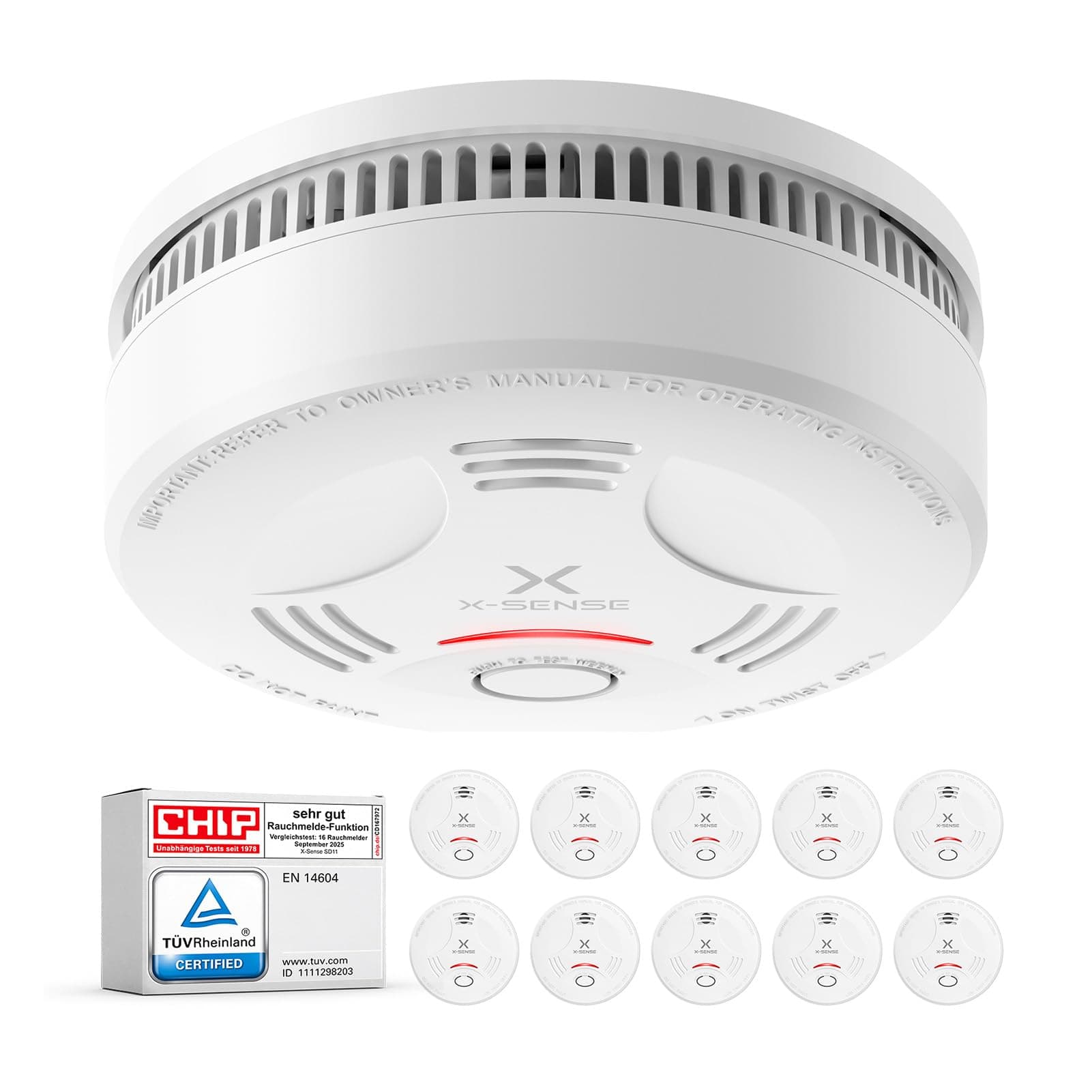 X-Sense Rauchmelder 10 Jahre Batterie, Feuermelder TÜV Zertifiziert, Rauchwarnmelder mit Stummschaltung und Selbsttest Funktion, SD11, 10er Set