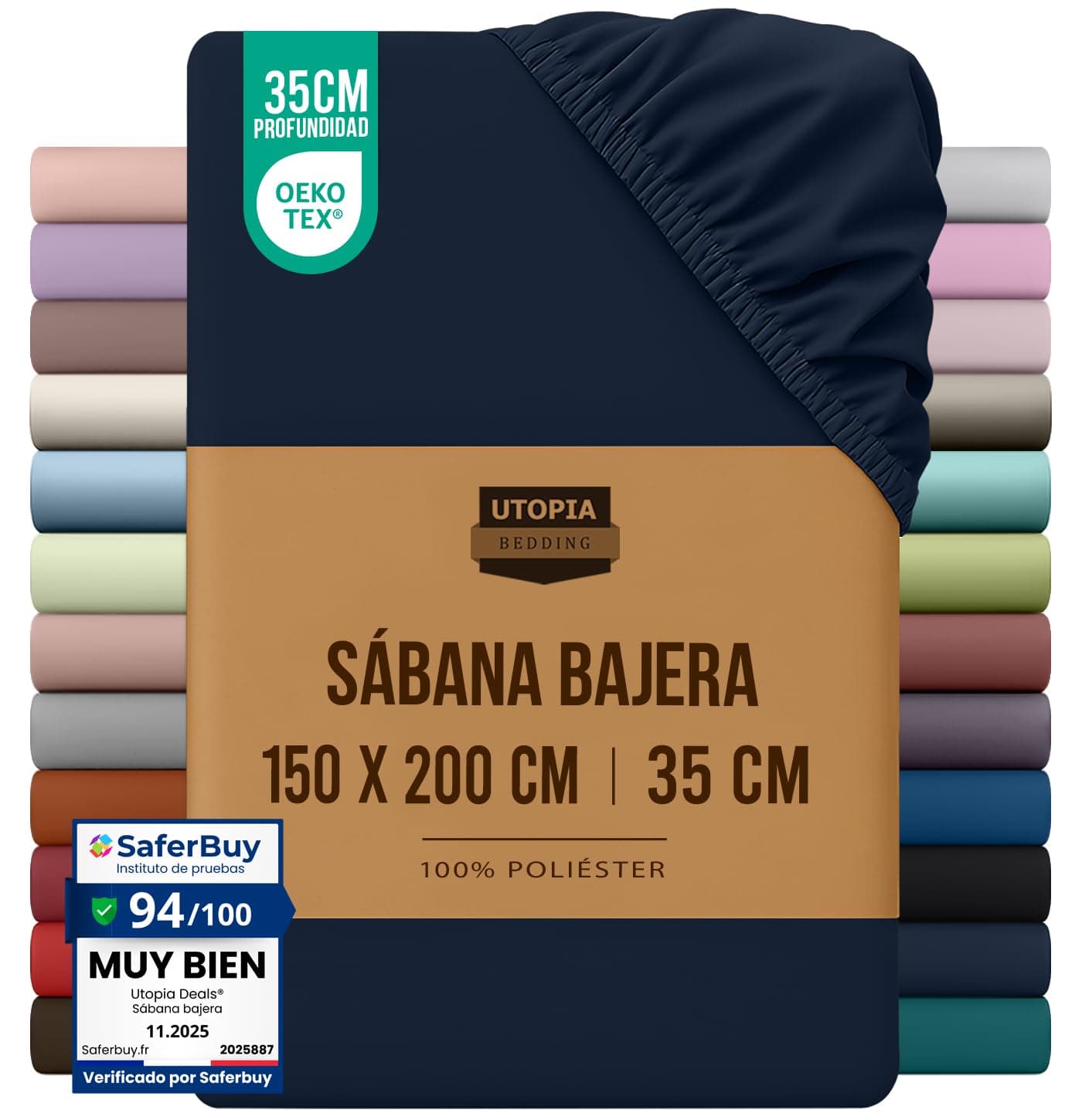 Utopia Bedding Sabana Bajera 150x190/200 - Azul Marino - Certificado Oeko Tex - Bolsillo Profundo - Microfibra de Poliéster Cepillado (Cama 150)
