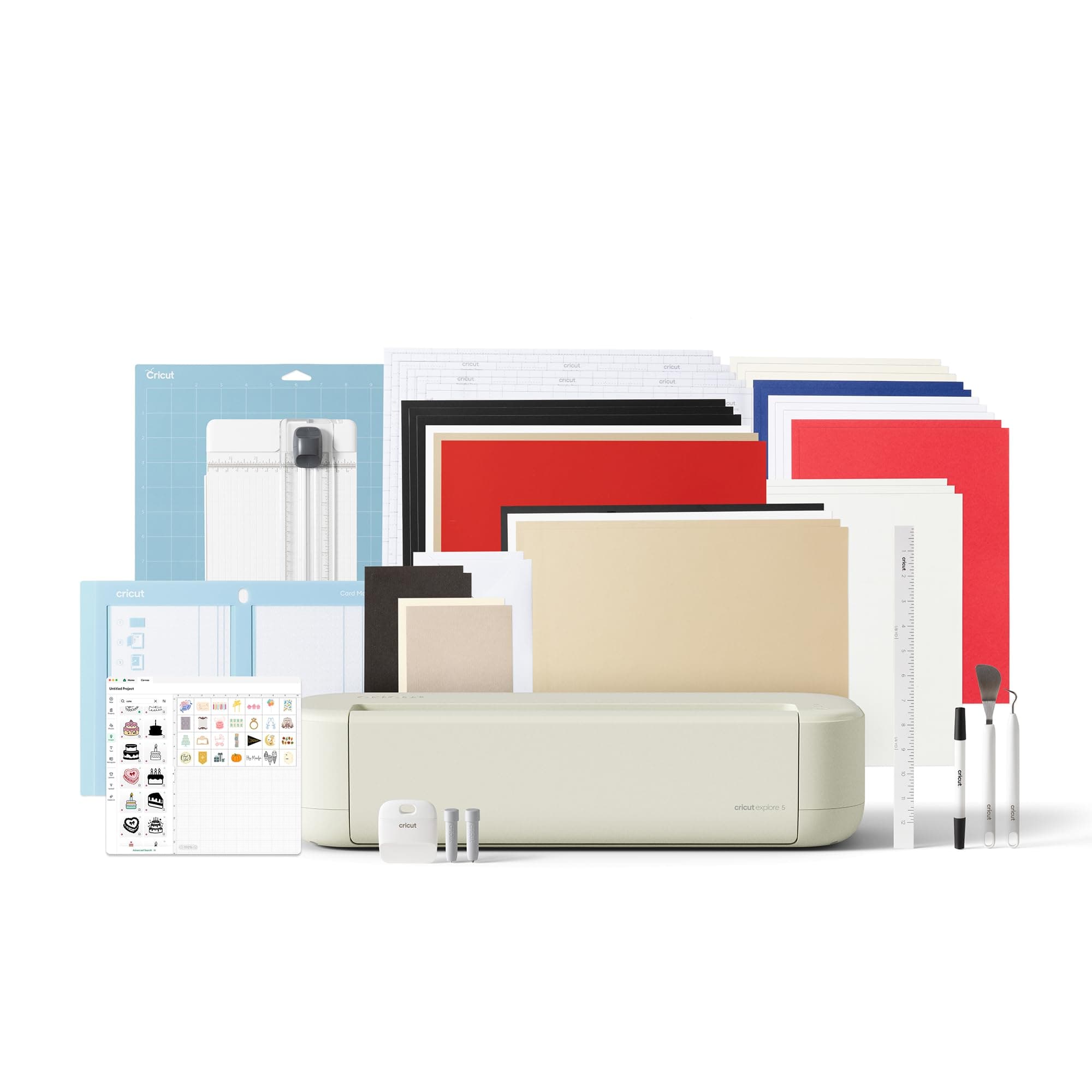 Cricut Explore® 5 Essential Bundle + Contenido digital. Máquina de corte inteligente, ideal para vinilos personalizados, camisetas, pegatinas a color, tarjetas y más.