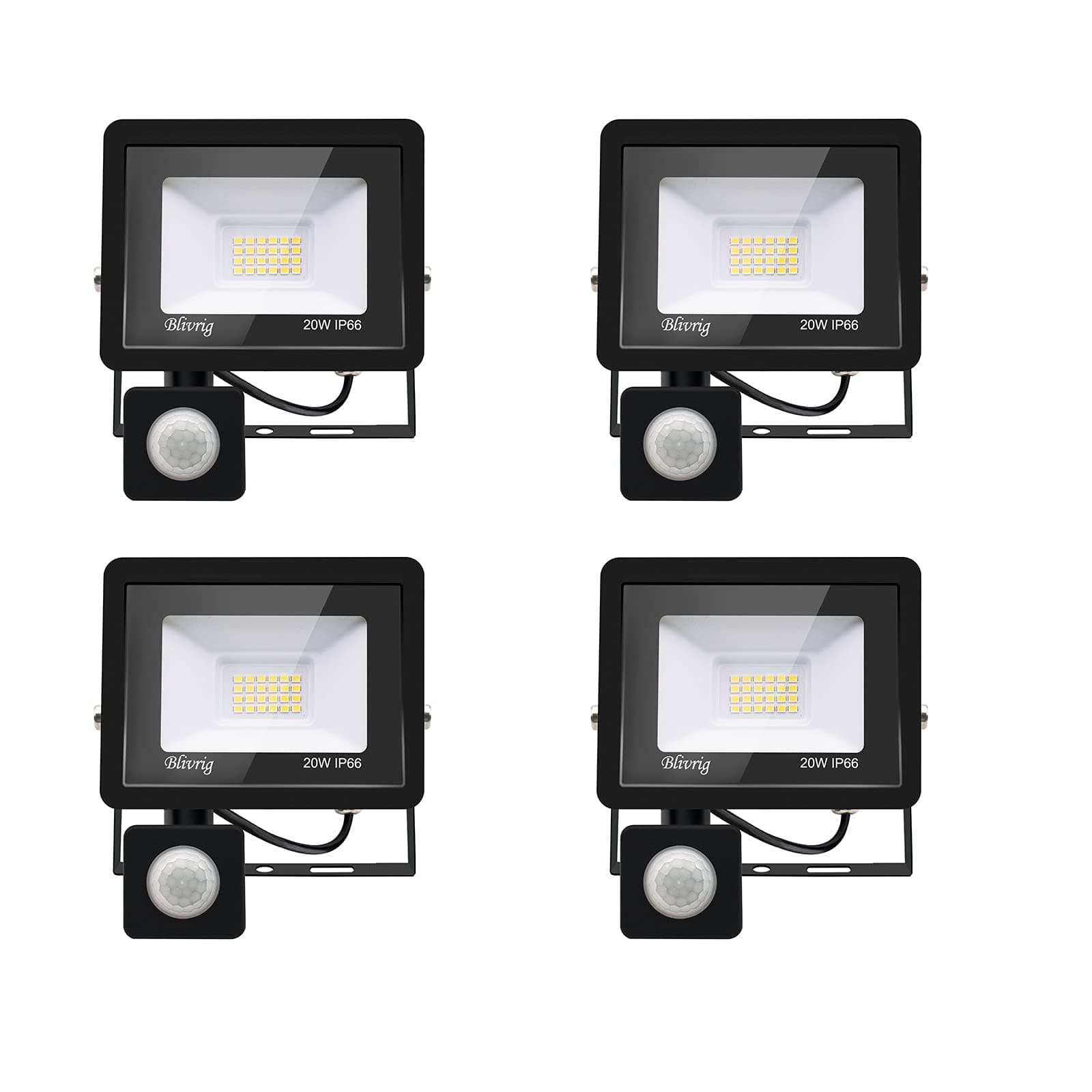 Blivrig 4PCS Projecteur LED exterieur Detecteur de Mouvement 20W Blanc Froid 6500K, 2000LM Mur Spot LED extérieur avec Capteur, PIR Phare Puissant, IP66 Lampe de Sécurité, pour Jardin Terrasse Garage