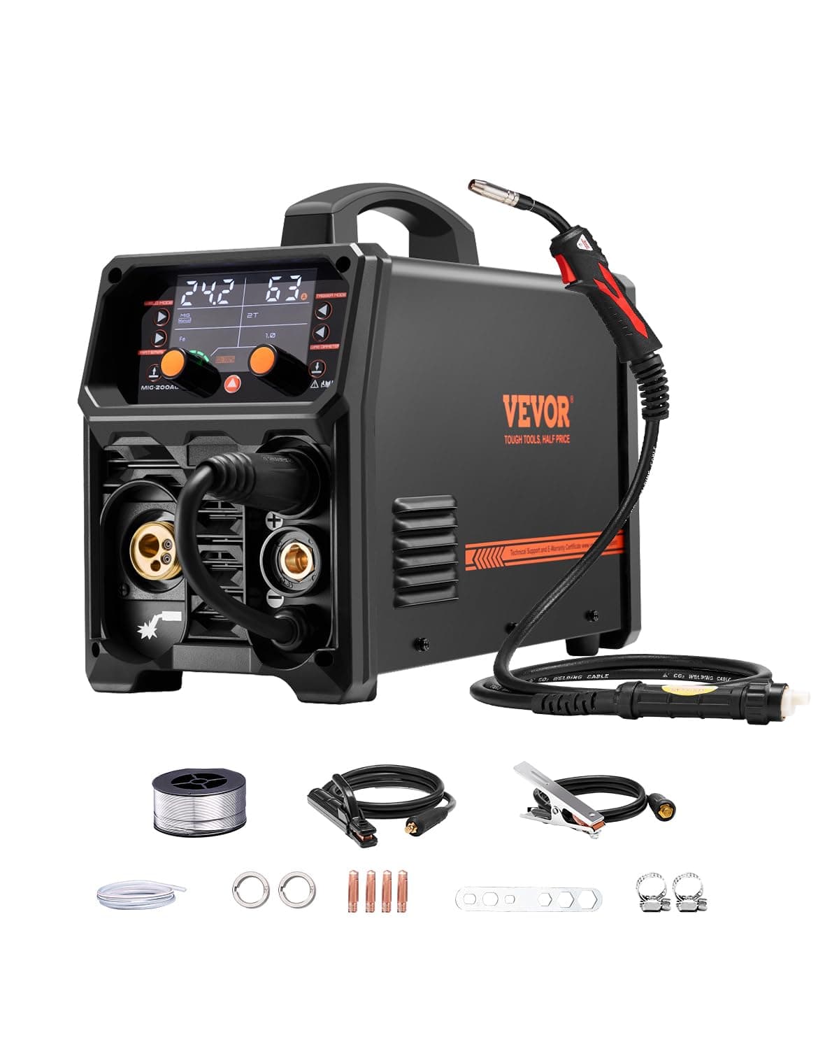 VEVOR Poste à Souder MIG, 200 A, Machine de Soudage Synergique Soudeuse Portable MIG sans Gaz au Gaz MMA Lift MIG PLUSE 5 en 1, avec Technologie Onduleur IGBT, Écran LCD, Torche Lift TIG Non Incluse