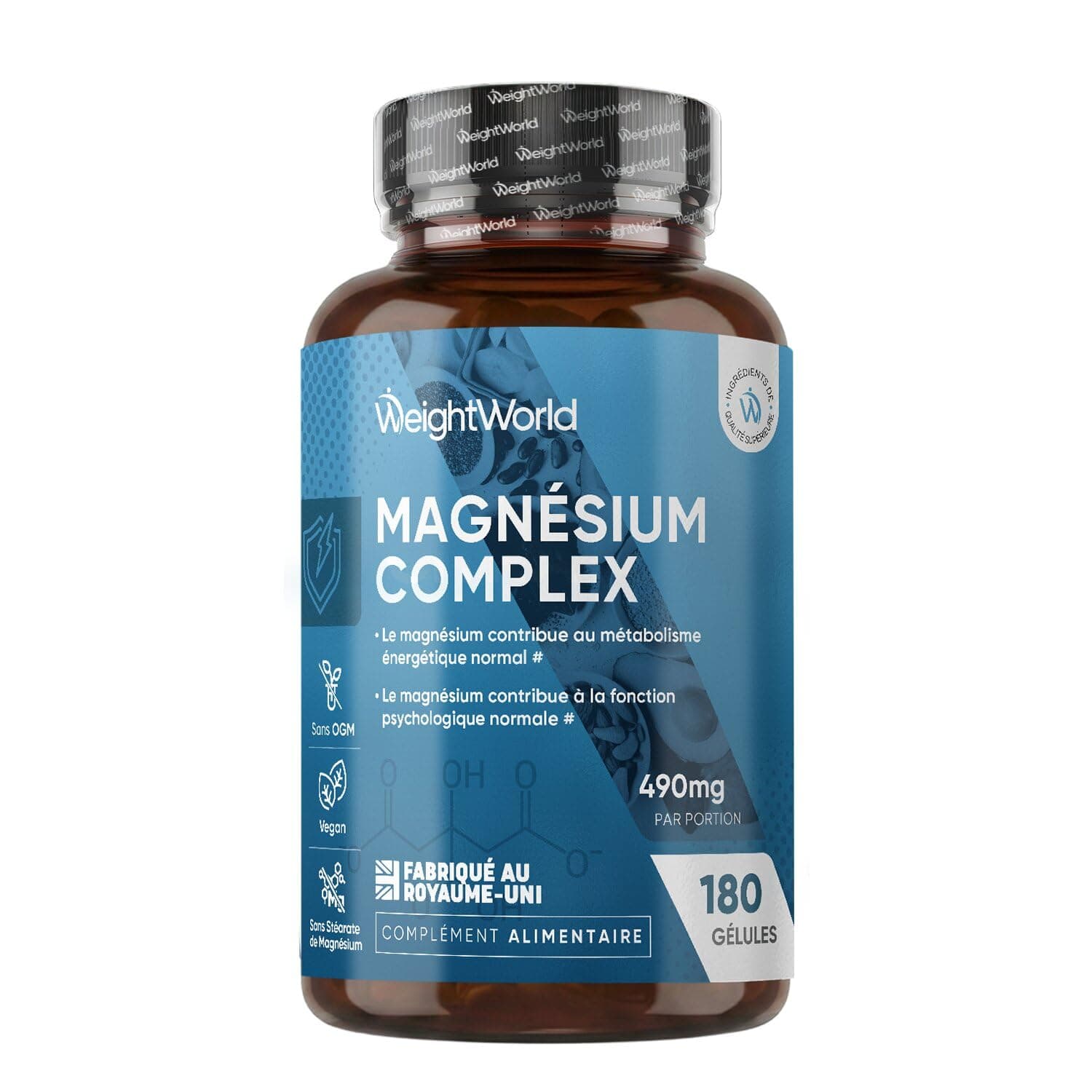 Magnesium complex 490mg Magnesium Bisglycinate, Citrate, Malate et Taurate (4 Types) 180 Gélules, 6 mois d'Approvisionnement, Vegan, sans OGM, sans Lactose, sans Gluten avec L-Leucine Acide Aminé