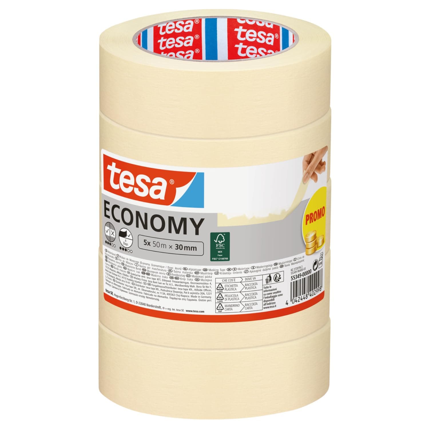 tesa Malerband ECONOMY - vielseitiges Malerkrepp für Malerarbeiten ohne Lösungsmittel - bis zu 4 Tage nach Gebrauch rückstandslos entfernbar, 5 Rollen Klebeband - 50 m x 30 mm