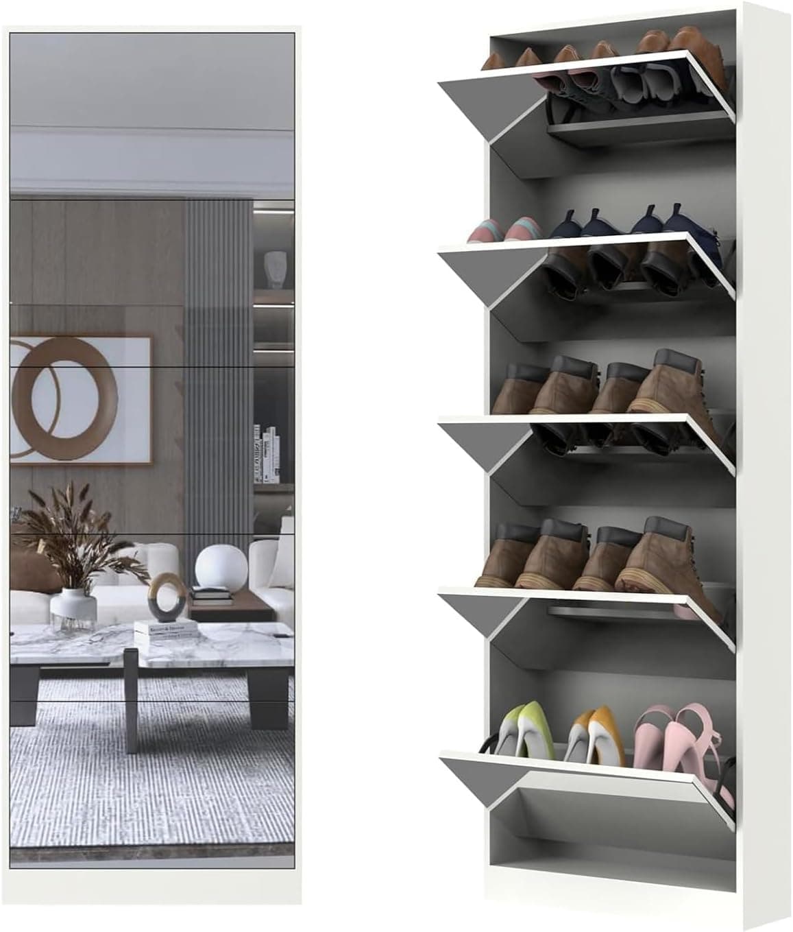 Organizedlife Mueble Alto para Zapatos con Espejo de Cuerpo Entero, Armario Estrecho para Zapatos de 5 Niveles con cajón abatible, Zapatero Oculto para Entrada