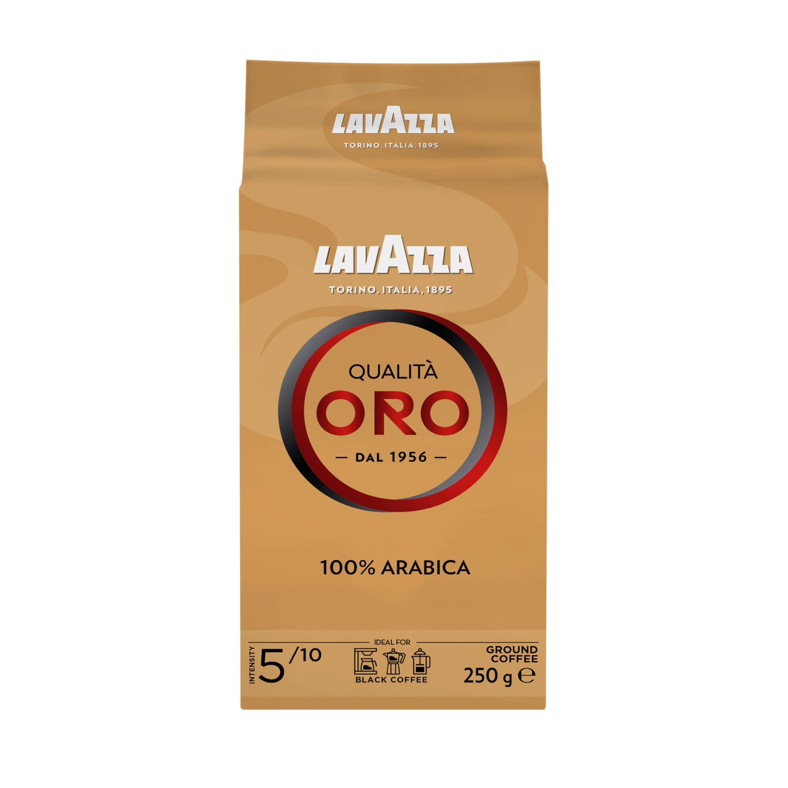 Lavazza, Qualità Oro, Gemahlener Kaffee, mit Aromanoten von Früchten und Blumen, für einen Samtigen Espresso, 100 % Arabica Kaffeebohnen, Intensität 5/10, Mittlere Röstung, 250g