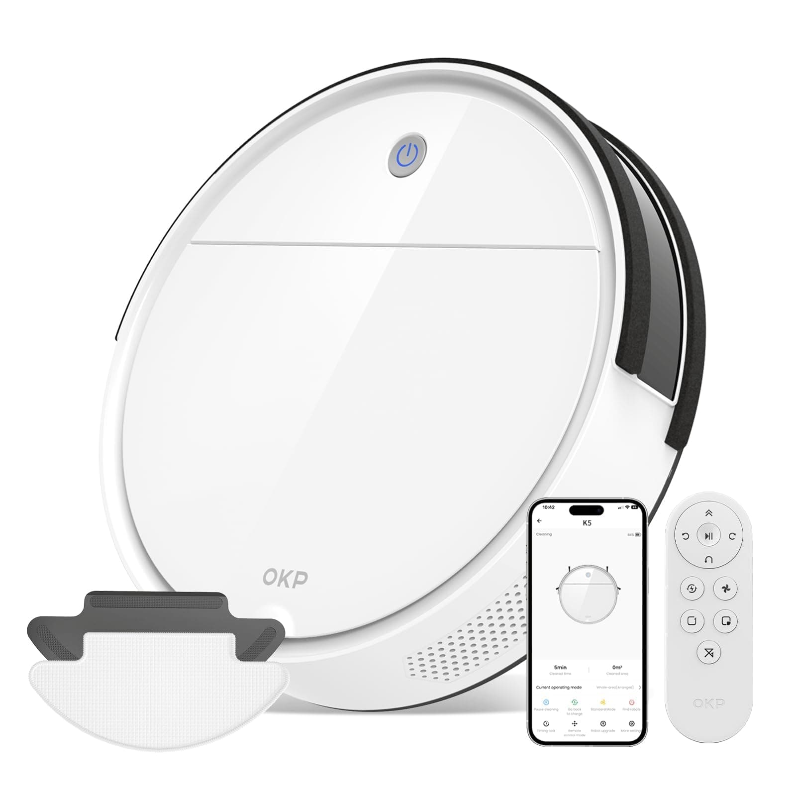 OKP K5 Robot Aspirapolvere con Telecomando, Aspirazione 2500Pa, Autonomia 120 Minuti, Ricarica Automatica, 4 Modalità di Pulizia, Wi-Fi/App/Alexa, per Pavimenti Duri, Tappeti e Peli di Animali