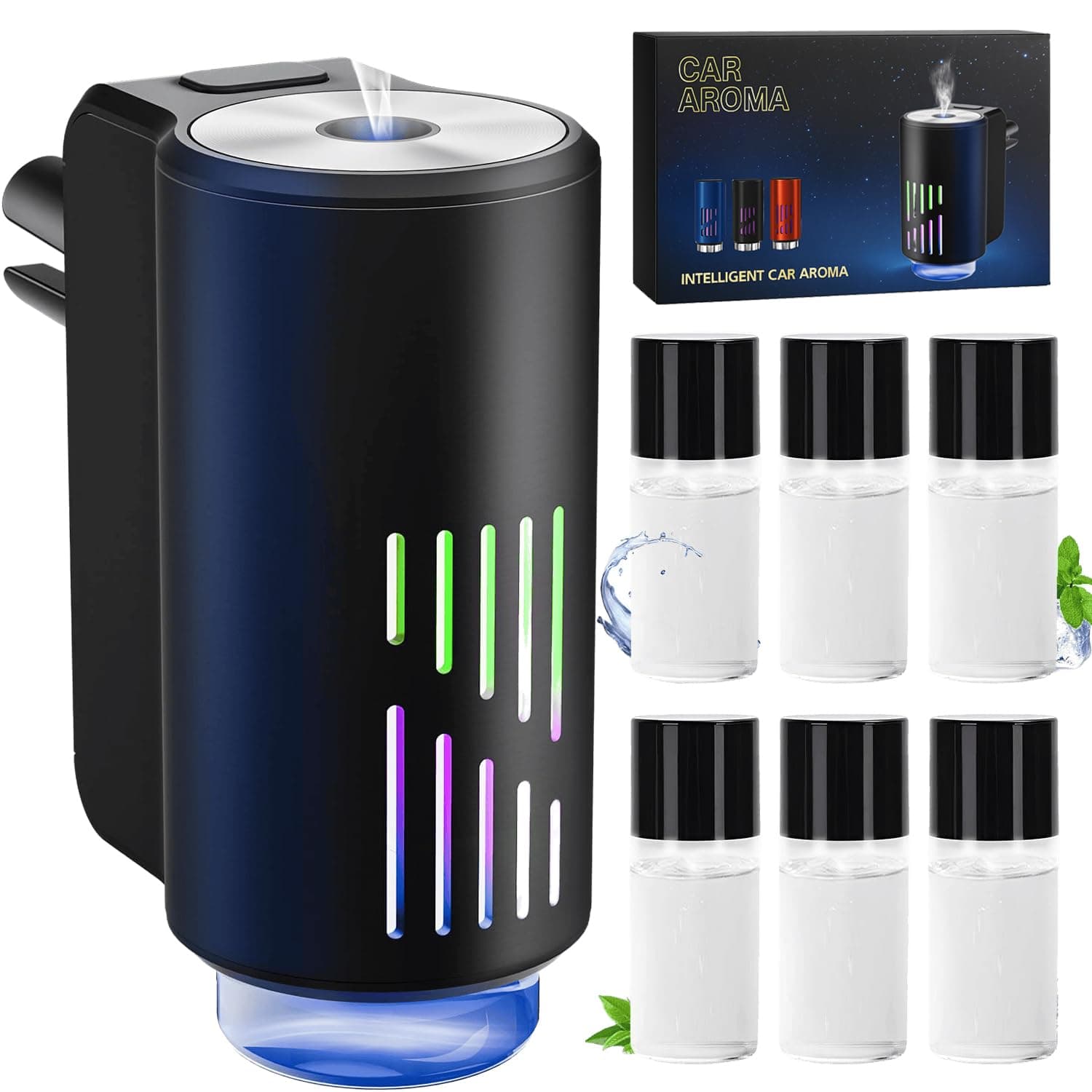 AI Eléctrico Ambientador Coche con 6 perfumes, Nebulizador Ultrasónico, 3 Modos Inteligentes, Encendido/Apagado Automático, Batería Incorporada, Perfume Francés Natural,Fragancia Hasta 12 Meses CFK-6Z