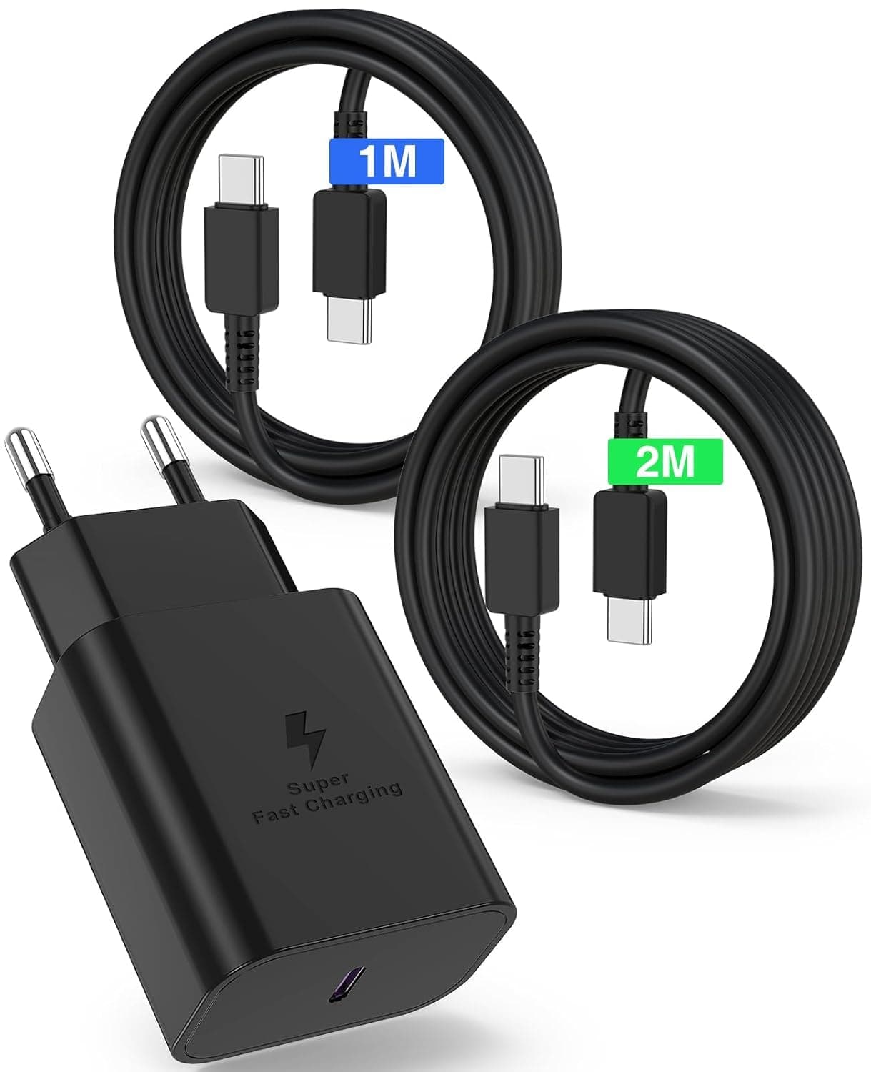 45W Cargador Carga Rapida 2M+1M, Cargador USB C con Cable Tipo C,Enchufe Tipo C para Samsung Galaxy S24/S25/S23/S22/S21 Ultra/S20/S20+/Note 20/10/A73/A53/A52/s10/s9-Negro