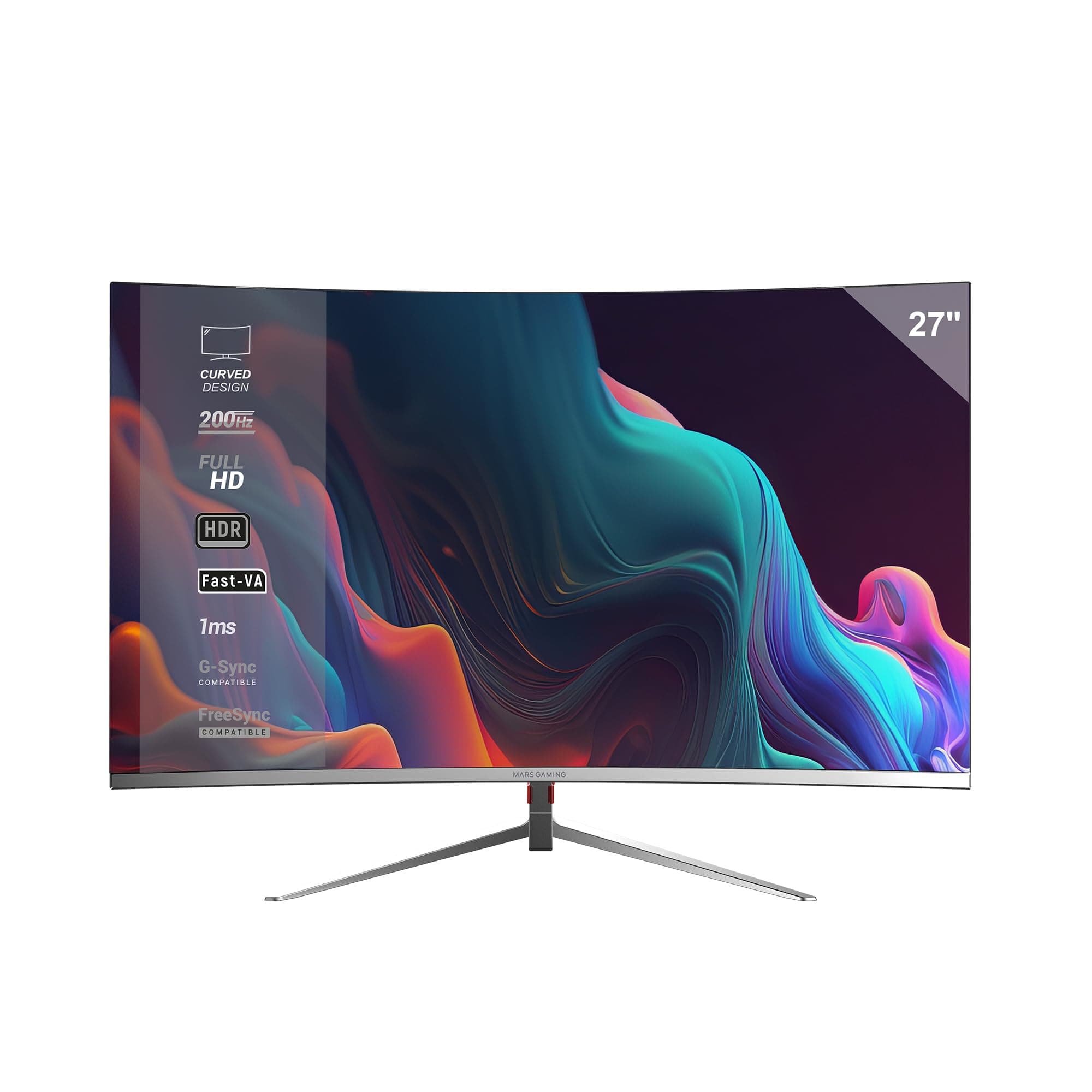 Mars Gaming MV-27C, Monitor Gaming Curvo 27” FHD 1080p 200Hz, HDR10 1ms, FreeSync y G-Sync, Monitor PC Sin Marco, Inclinación 20°, Low Blue Light y Flicker Free, HDMI + DisplayPort + Jack 3.5, Blanco
