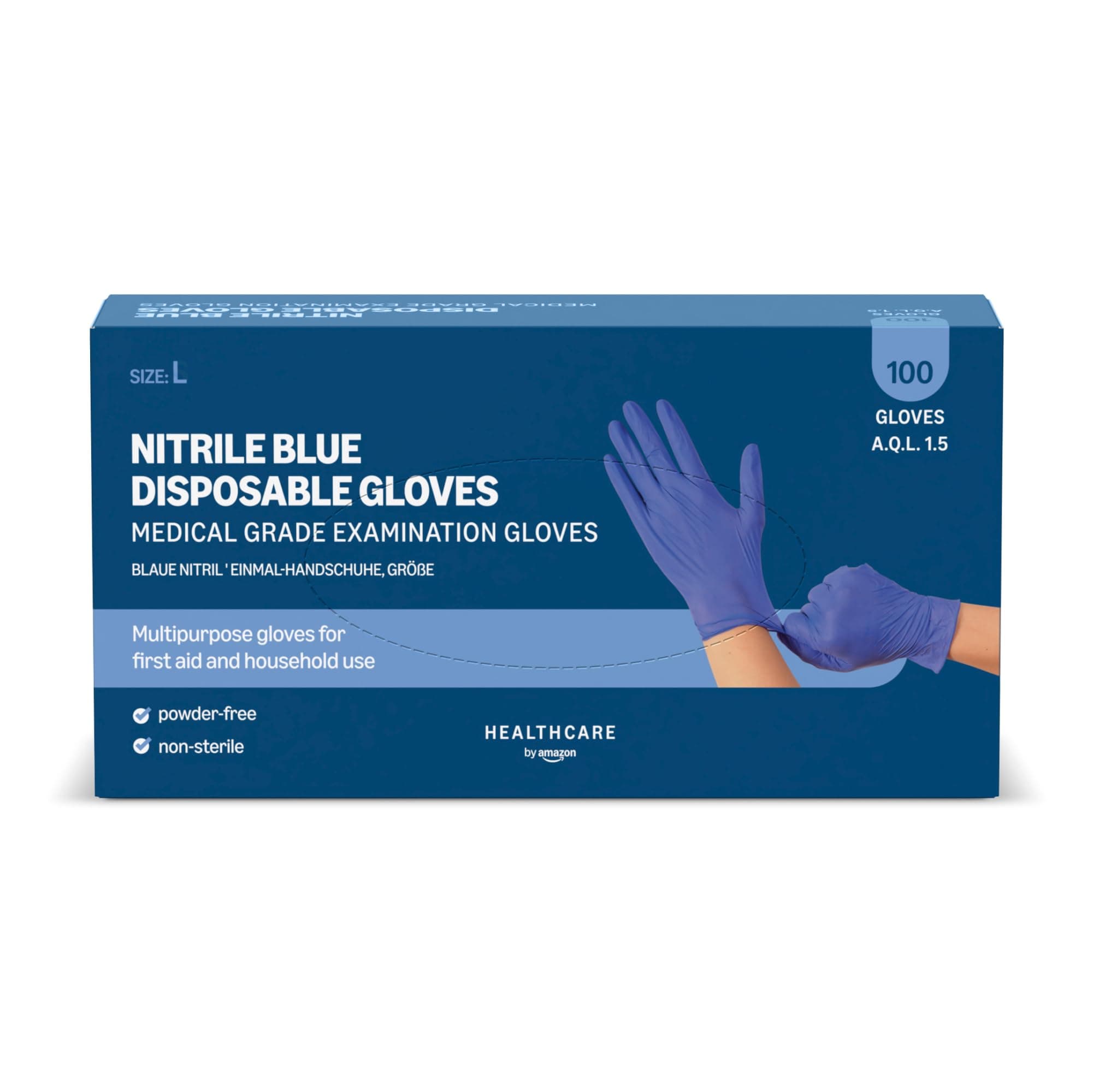 by Amazon Guanti Monouso in Nitrile Blu, Senza Polvere, Taglia L, Confezione da 100