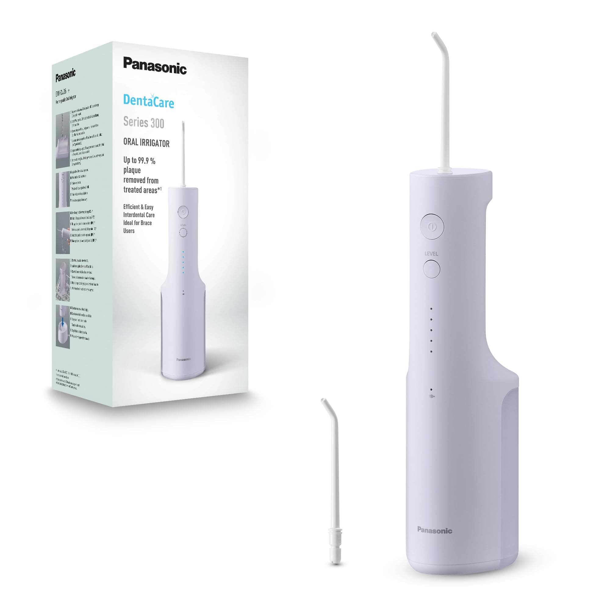 Panasonic Serie 300 Hydropulseur Dentaire Ultrasonique EW-DJ26-V303, Irrigateur Oral, 200ml, IPX7, 2 Embouts Standard, 5 Réglages de Pression, Accessoire de Voyage, Violet