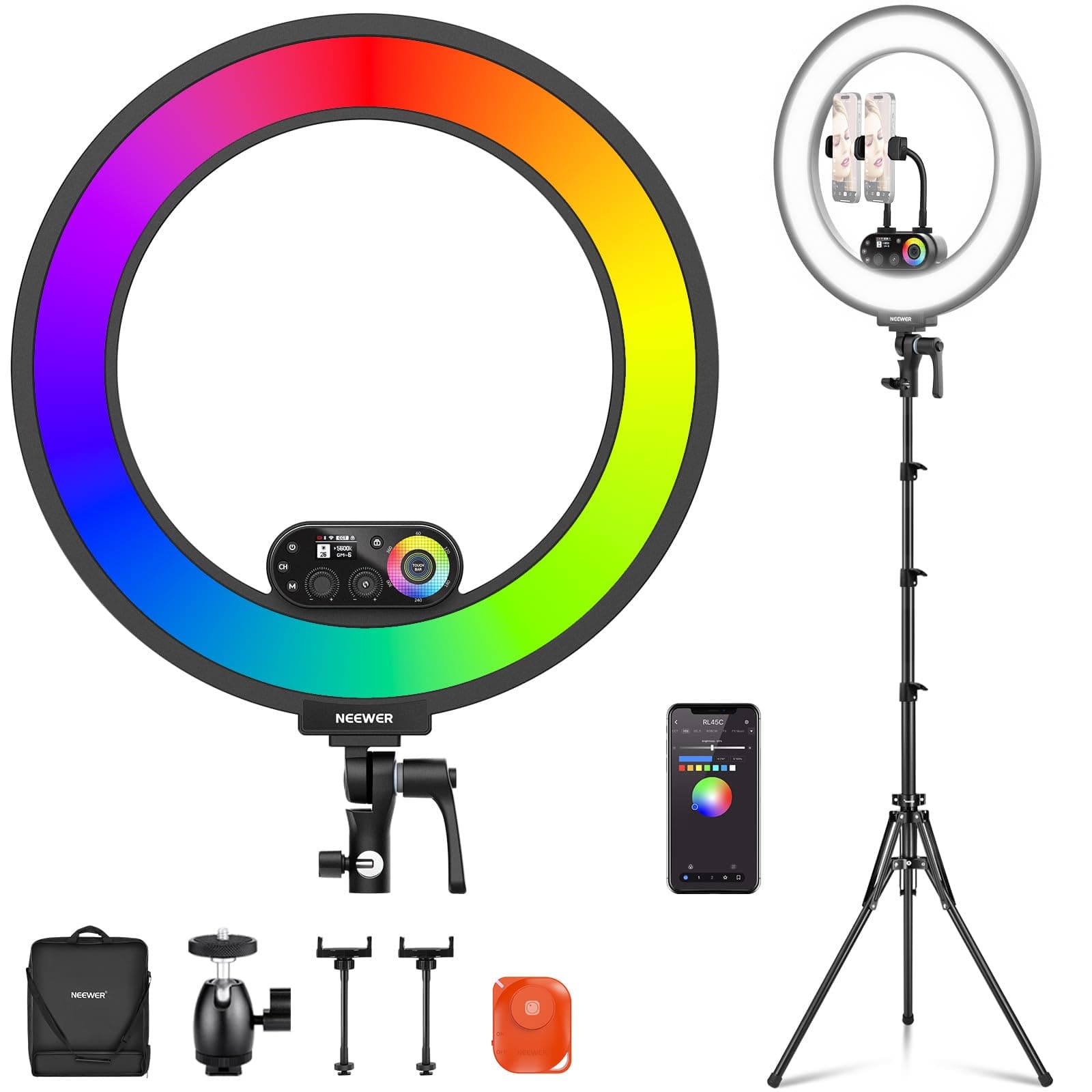 NEEWER 18" RL45C Ring Light Edge Cama Anillo Luminoso RGB con Trípode Teléfono Mando a Distancia 360° Colores Completos App/2.4G Control Compatible con iPhone Selfie Maquillaje Grabación Vídeo