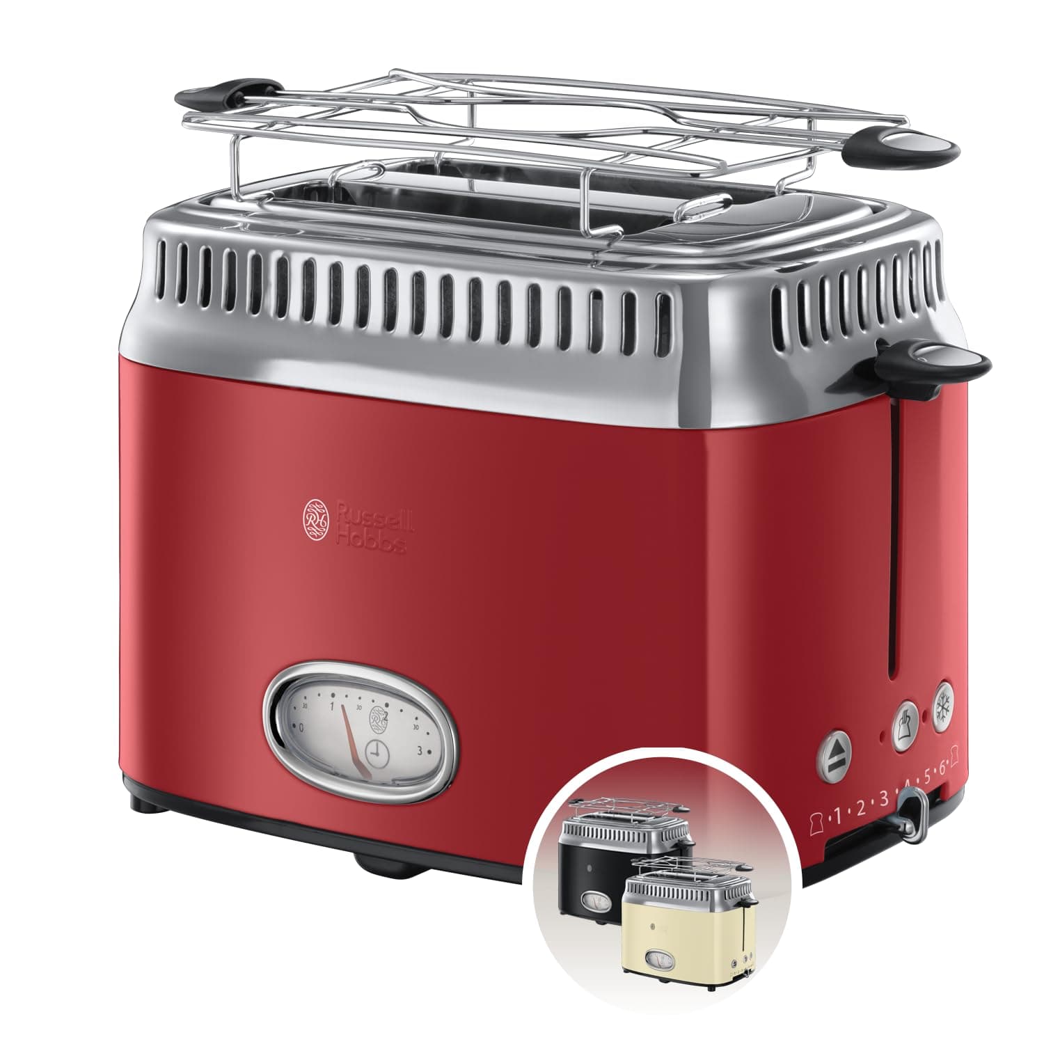 Russell Hobbs Toaster [für 2 Scheiben] Retro Edelstahl Rot (Countdown-Anzeige im Retrodesign, inkl. Brötchenaufsatz, 6 Bräunungsstufen + Auftau- & Aufwärmfunktion, 1300W) Vintage 21680-56