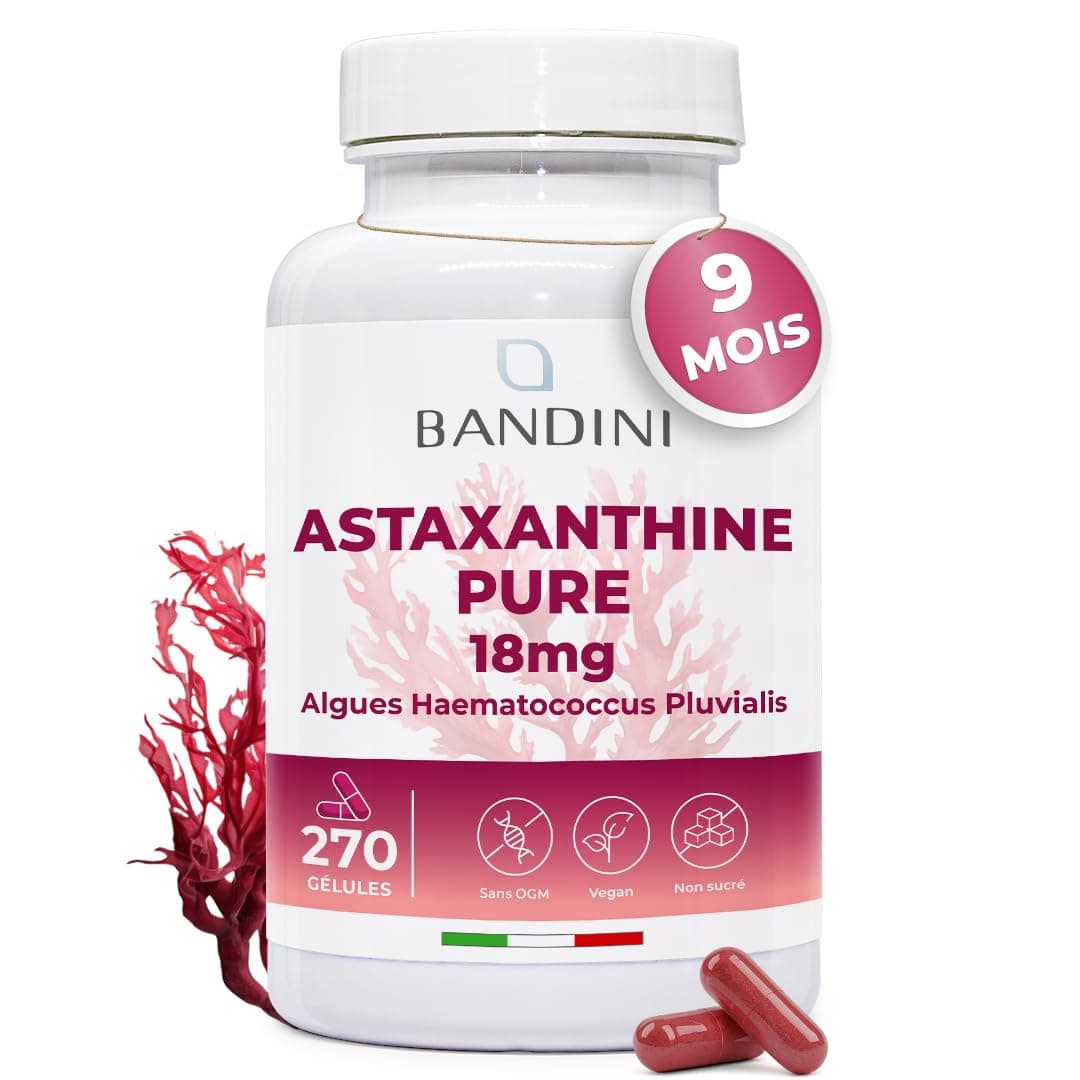Bandini® Astaxanthine pure 18 mg d'Algue Haematococcus Pluvialis | 270 gélules pour 9 mois | Concentration & Biodisponibilité Élevées | Antioxydant naturel et puissant | Sans Additifs, 100% vegan