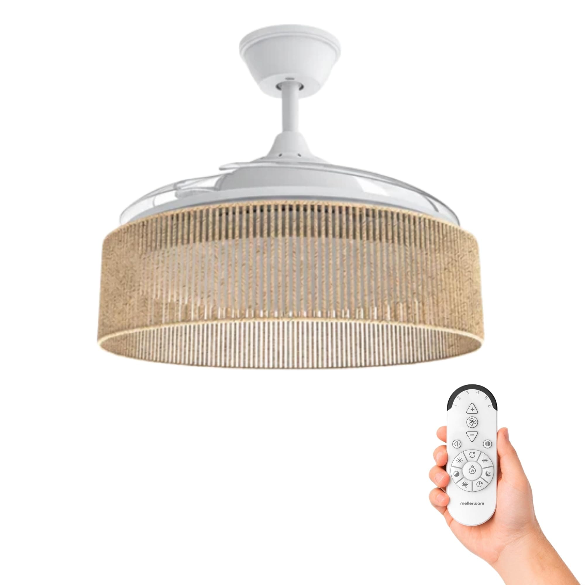 Mellerware - Ventilador de Techo con Luz y Lámpara Brizy Bright Rattan Sand | 3 Aspas 106 de Diámetro| 40 W | 6 Velocidades Ultra Silencioso | Función Verano-Invierno | Temporizador | LED