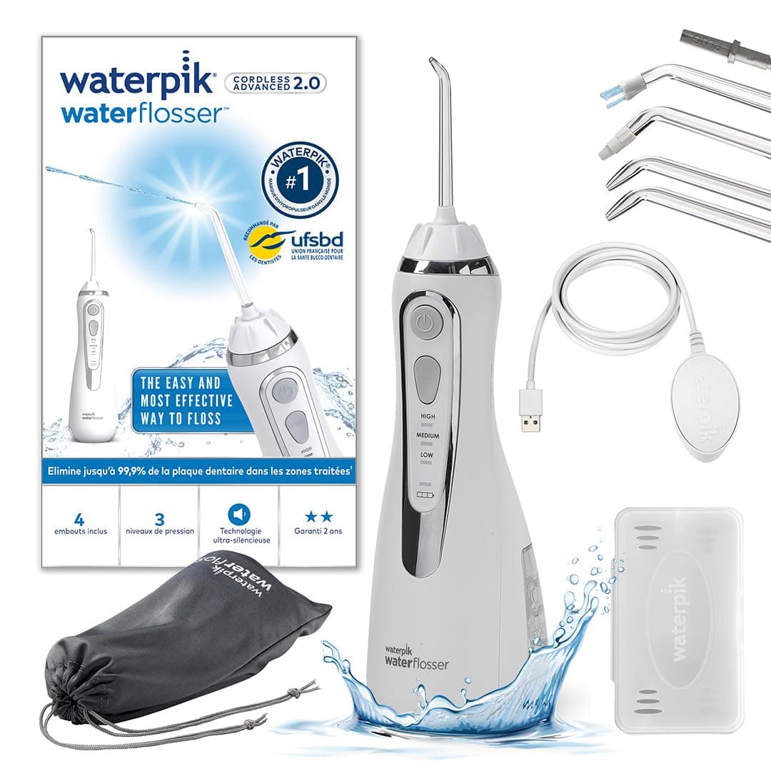 Waterpik Advanced - Hydropulseur Dentaire Sans Fil, Jet Dentaire Portable Rechargeable avec Câble USB, Élimine la Plaque, 3 Niveaux de Pression, Blanc (WP-580EU)