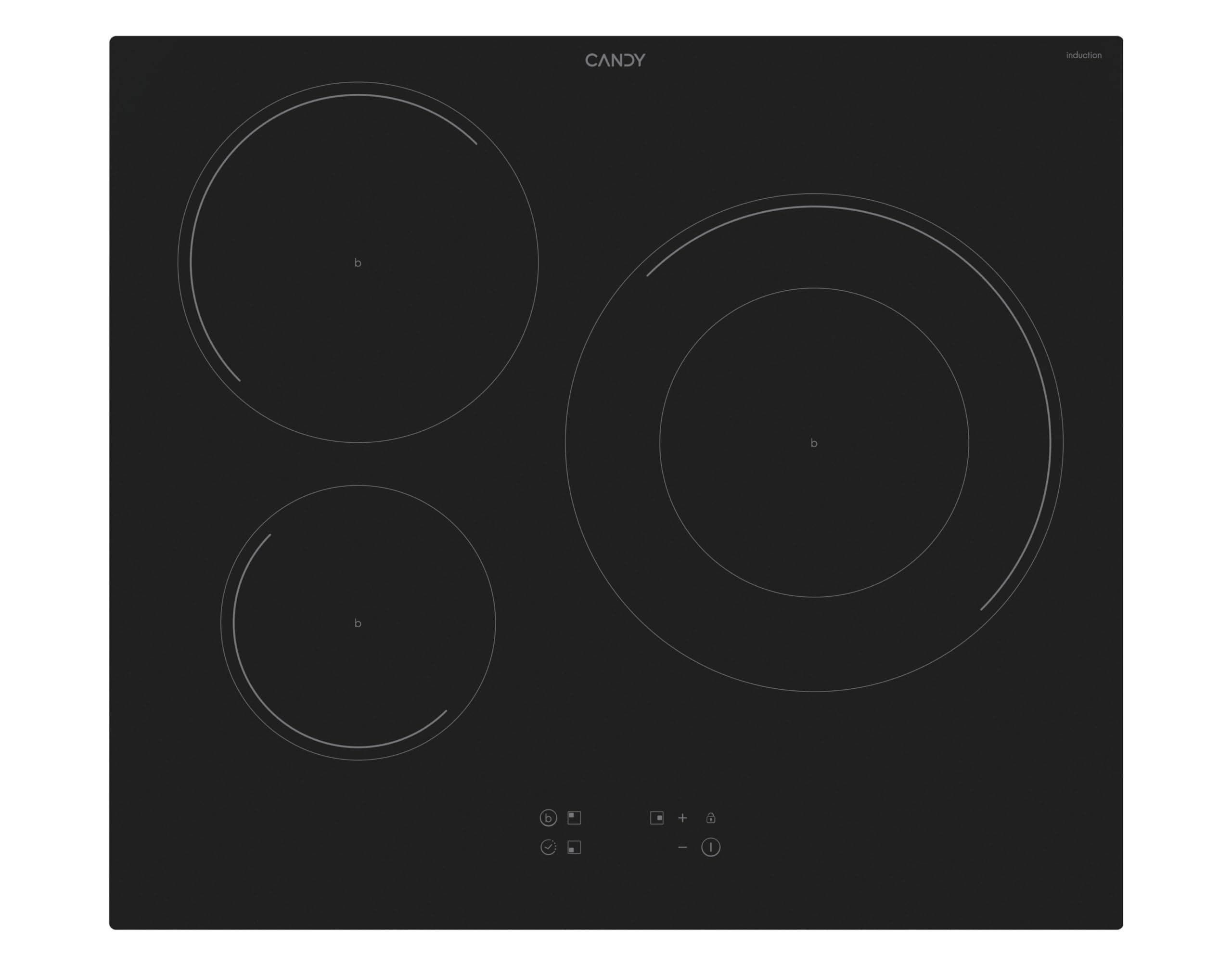 Candy CI633C/E14U, Placa Inducción, 3 Zonas, 60CM, 9 Niveles de Potencia y Booster, 7,2KW, Mandos Centrales, Indicador de Calor, Bloqueo de Seguridad, Alerta Sobrecalentamiento y Derrames, Negro