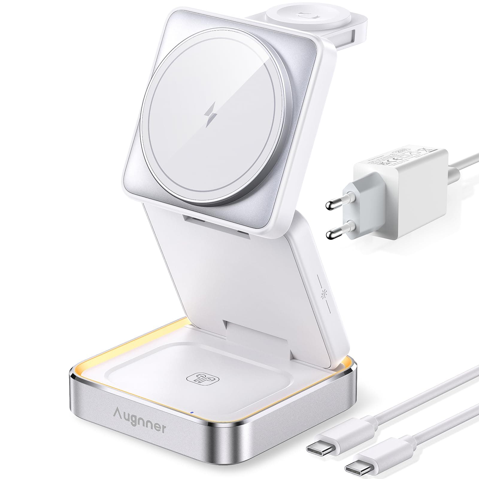3 in 1 Caricatore Wireless Stazione, Stazione di ricarica Pieghevole Compatibile con MagSafe Charger, Rapida Wireless Phone Charger Stand per iPhone 17/16/15/14/13/12 Série, 2/3/Pro, Apple Watch