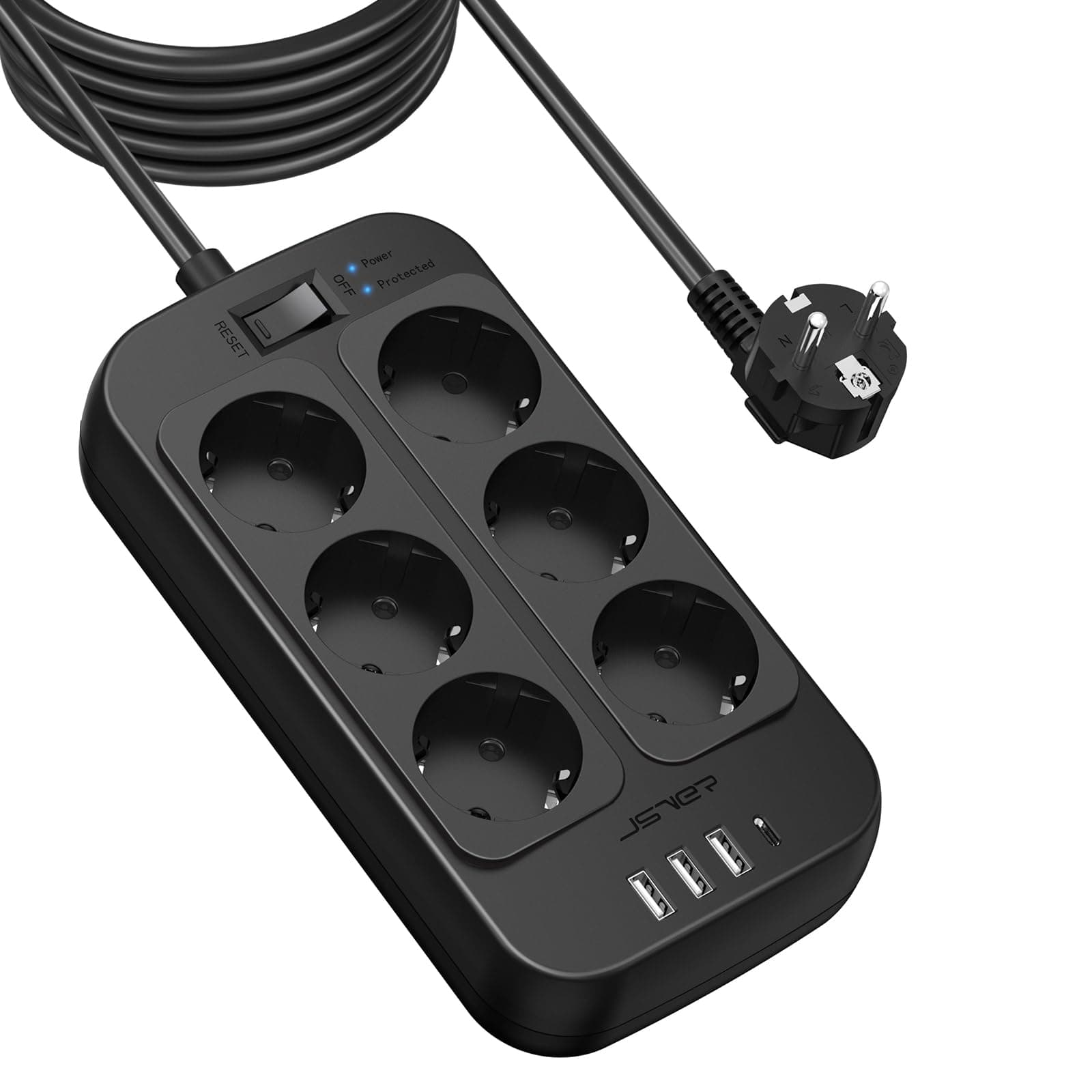 JSVER Regleta Enchufes 5M, Proteccion Sobretension con 6 Toma de Corriente y 4 USB Puertos(5V3,4A) USB Estación de Carga Inteligente USB Tomas Alargadora con Interruptor-Negro