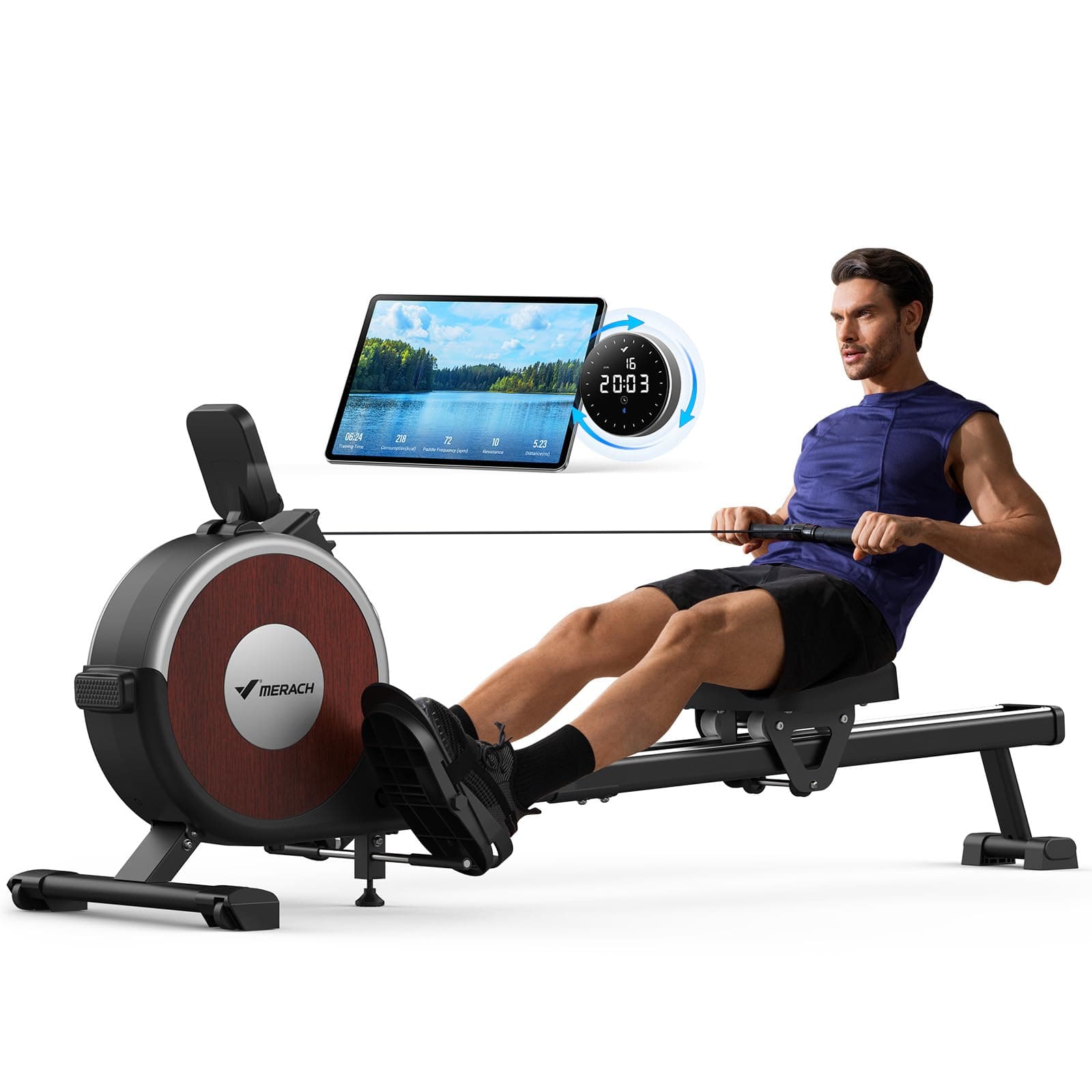 MERACH Máquina de Remo para Casa, 16 Niveles de Resistencia, Remo Magnético Silencioso con App Exclusiva, Rieles Dobles Mejorados para Mayor Estabilidad