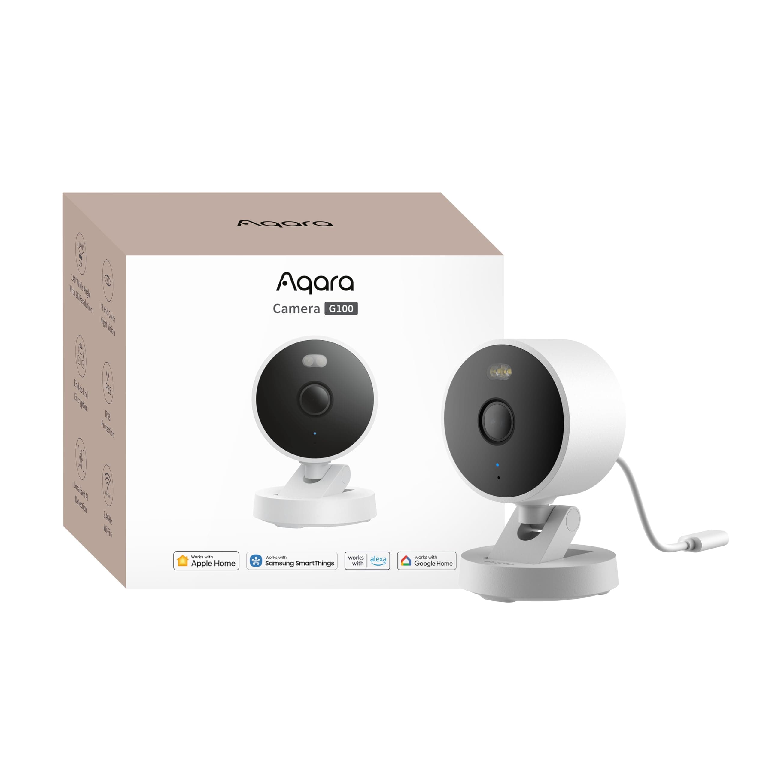 Aqara G100, 2K Sicherheitskamera für Innen & Außenbereich, HomeKit Secure Video, 2-Wege-Audio, Scheinwerfer Farb/IR Nachtsicht, KI-Erkennung,140°Sichtfeld, HomeKit, Alexa,Google,IFTTT, Weiß