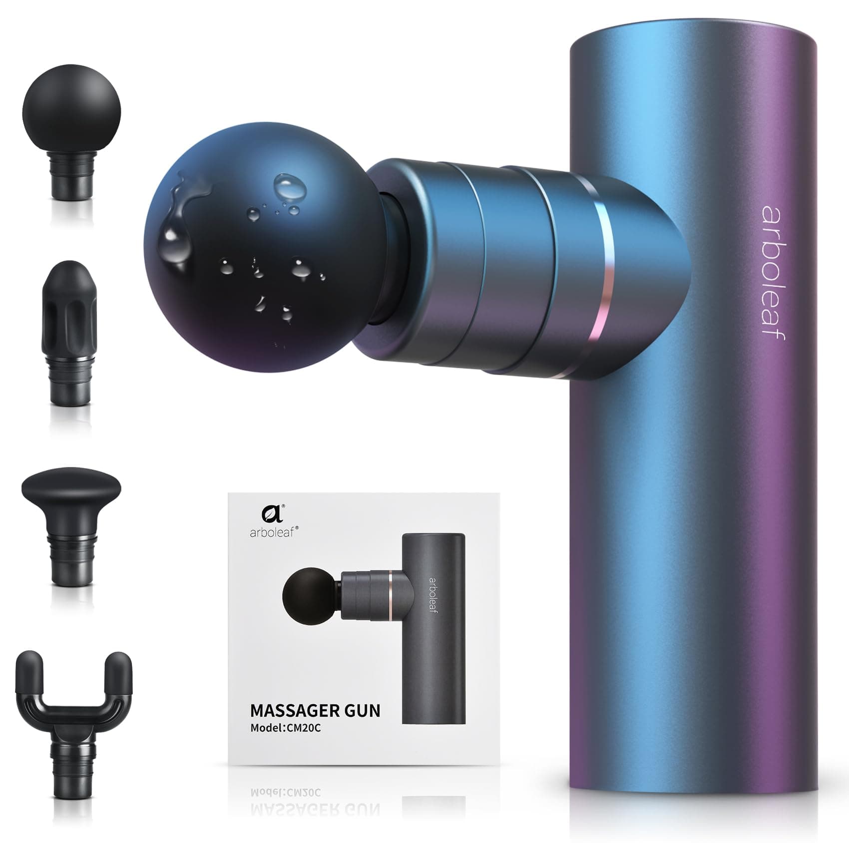 arboleaf Pistola de Masaje Muscular Mini, Pistola Masaje Muscular Eléctrica 5 Velocidades 4 Cabezal de Silicona, 0,47kg Massage Gun 3200rpm Bajo Ruido, 2000mAhx3 Baterías Tipo-C Carga, Gris