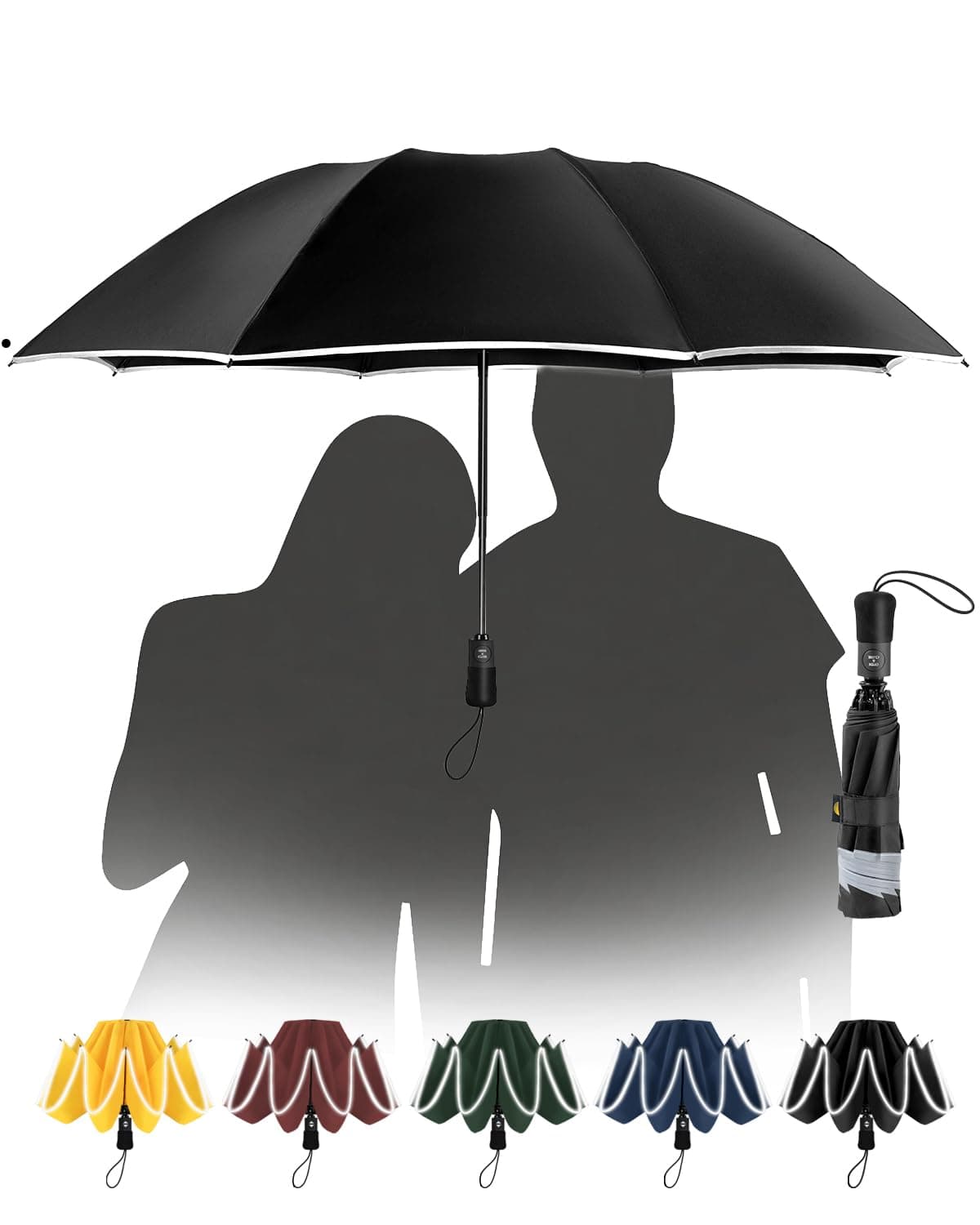 Chakipee Paraguas Plegable Antiviento Hombres y Mujers con Tiras Reflectantes - Paraguas invertido resistente al viento, Paraguas grande de viaje automático portátil compacto,