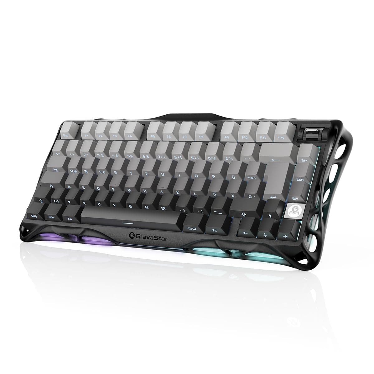 GravaStar Mercury K1 75% Mechanische Gaming Tastatur, QWERTZ Layout (DE), Magnesiumlegierung Exoskelett, Tri-Mode (2.4G/BT/USB-C), Hot Swap, Gasket Mount, RGB - Farbverlauf Schwarz