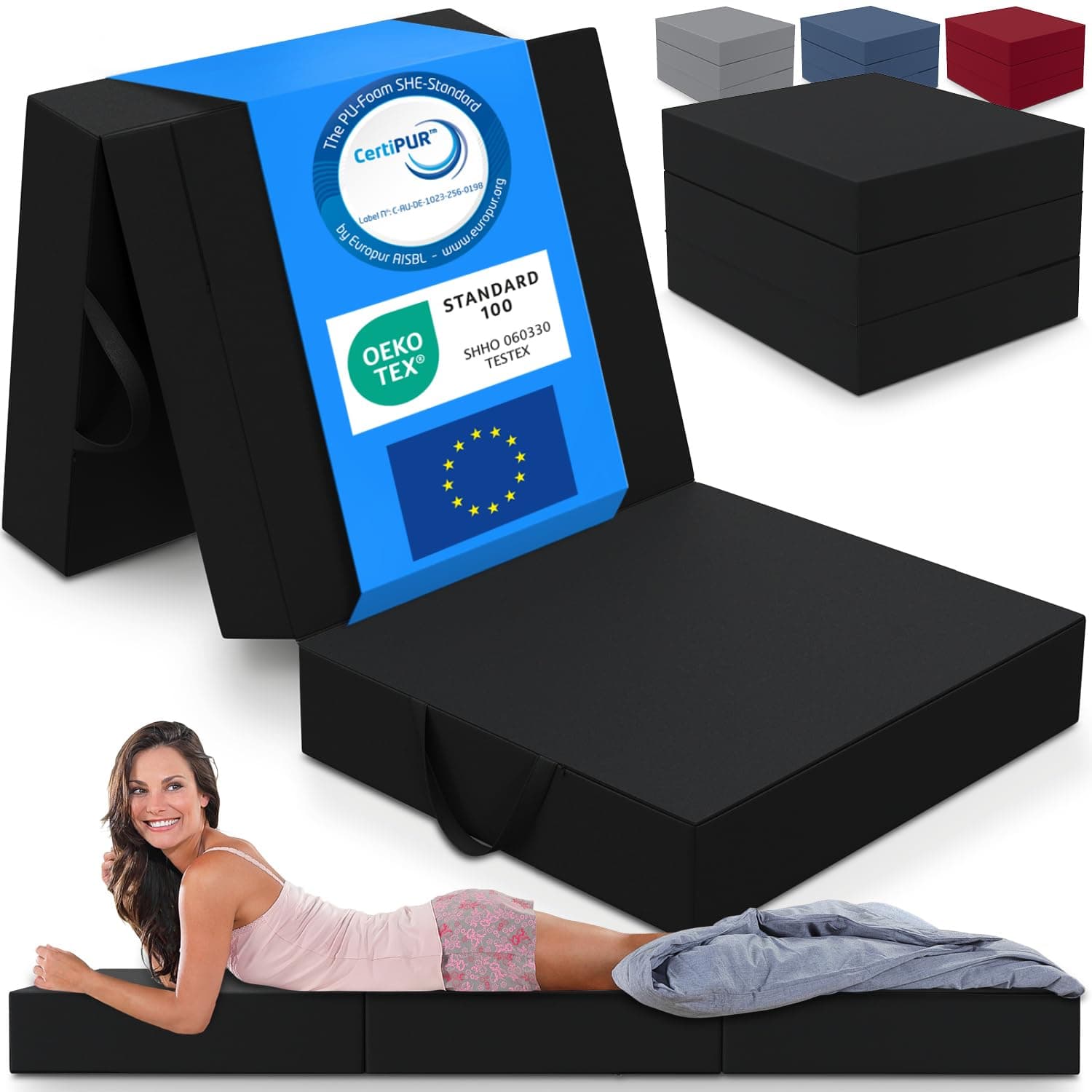 ELONEO Matelas Pliant, Matelas d'Appoint Pliable en 3 Parties, Mousse Extra Épaisse (15 cm), Lavable, Cube Intervertébral, Matelas Pliable, pour Adulte, 1 Personne (Noir, 90 x 200 x 15 cm)