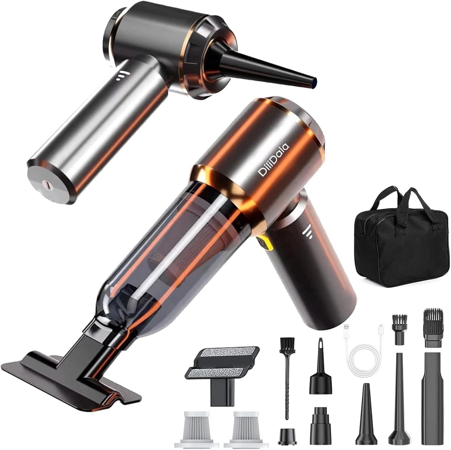 DiliDala Aspirador de Mano, 28000PA Aspiradora de Coche, 4 en 1 Aspirador Coche con Motor Sin Escobillas, 3 Niveles, Mini Aspiradora Sin Cable para Pelo de Mascotas, Coche, Hogar