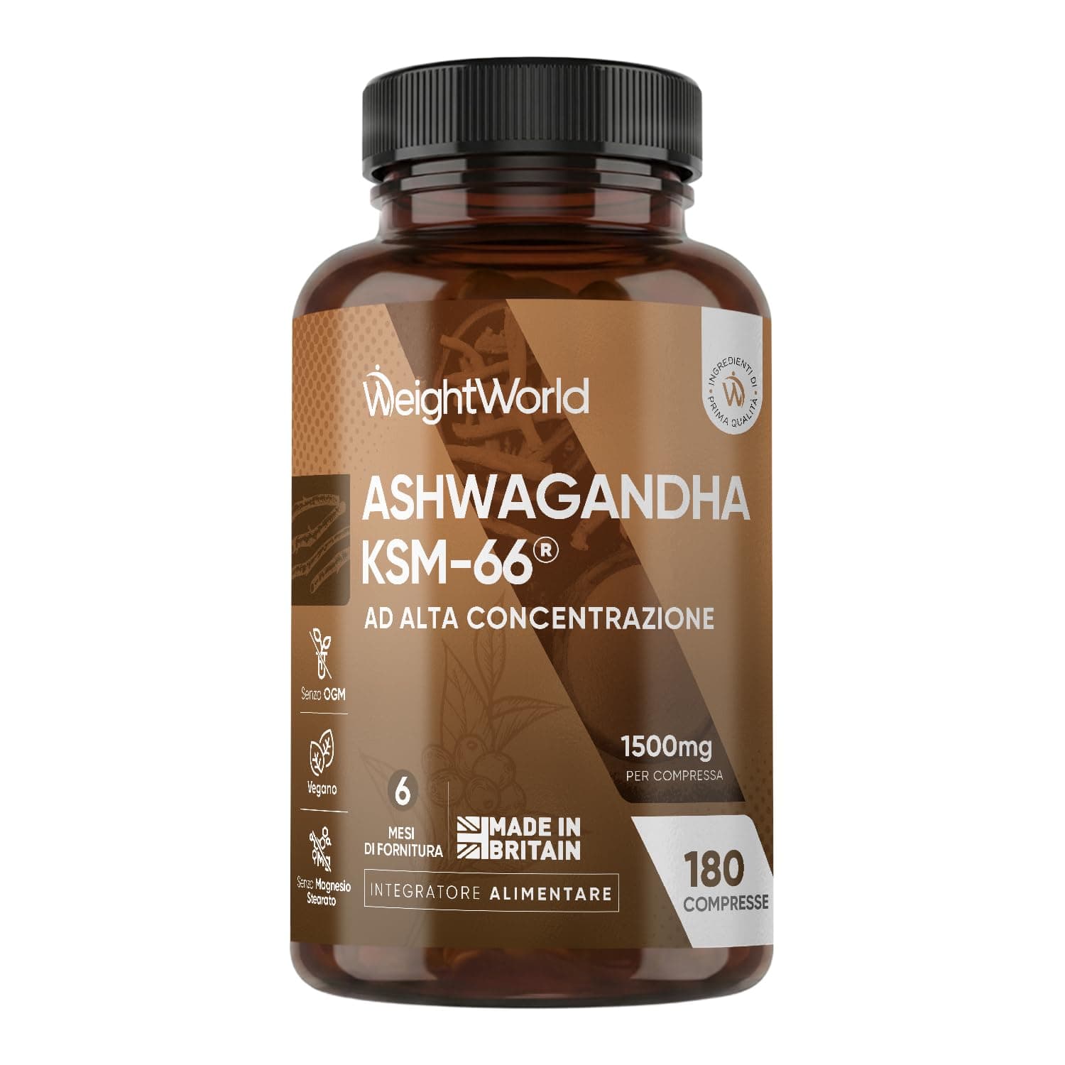 Ashwagandha KSM-66 Vegana, 180 Compresse ad Alta Concentrazione, 1 al Giorno (6 Mesi di Scorta),1500mg per Dose, Estratto 12:1 di Integratore Ashwagandha Polvere, Withania Somnifera, Prodotto in UK