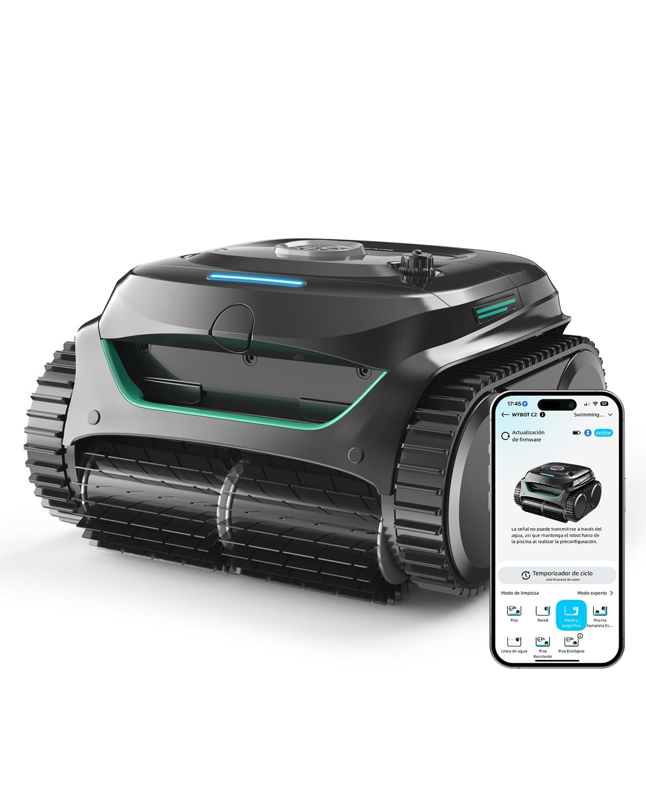 WYBOT C2 Limpiafondos Piscina, Robot Limpiafondos Piscina Inalámbrico 150㎡, Doble Filtración, 3 Motores, Succión Potente, Limpieza Paredes & Línea de Agua, 180 Min, App(Negro-Verde Gris)