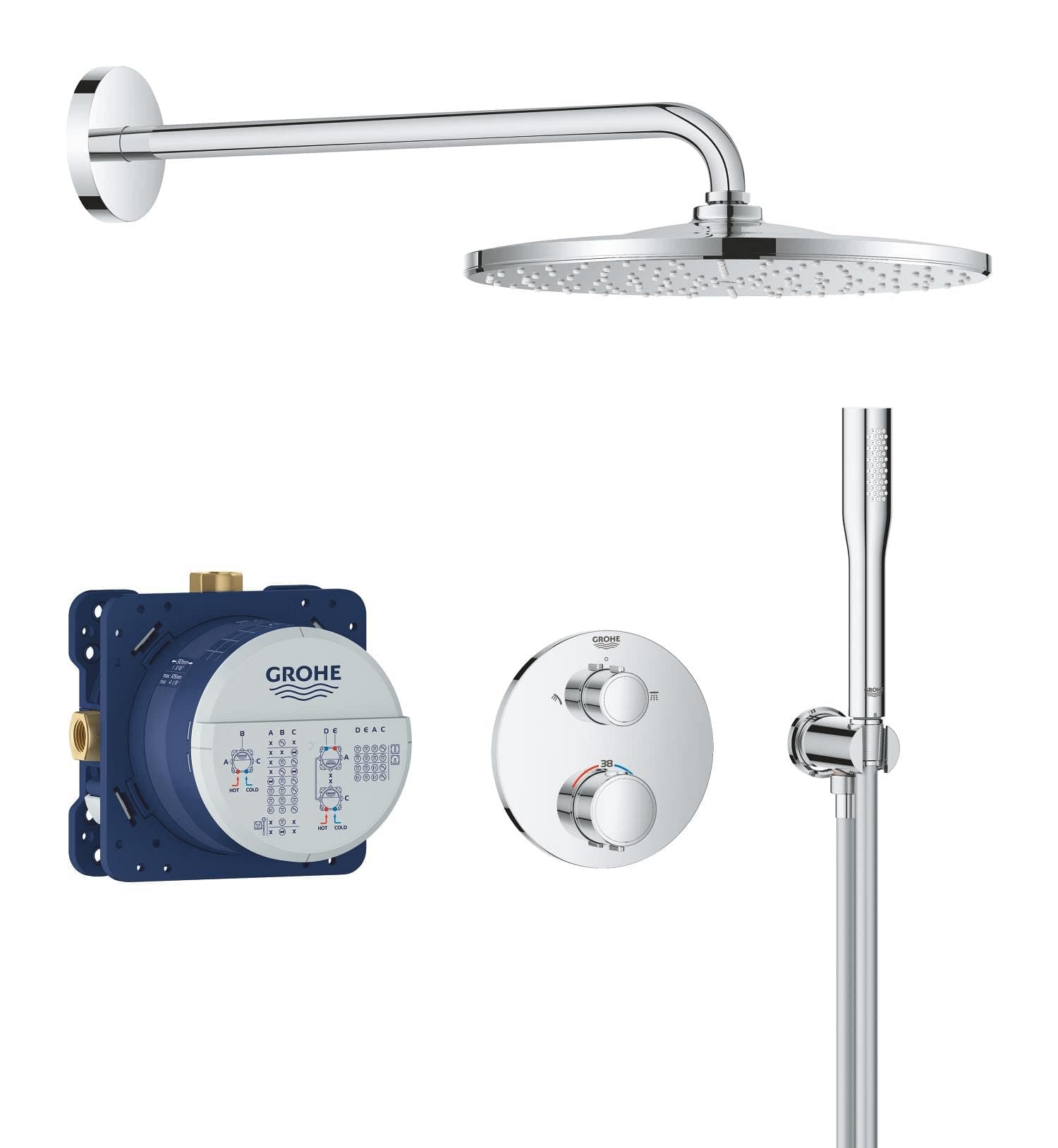 GROHE Precision Thermostatique, Ensemble de Douche Encastré 2 sorties, Douche de Tête Vitalio Rain Mono 310, Douchette Vitalio Joy Cube Stick 1 jet, Flexible 1,5 m, Chromé, 34880000