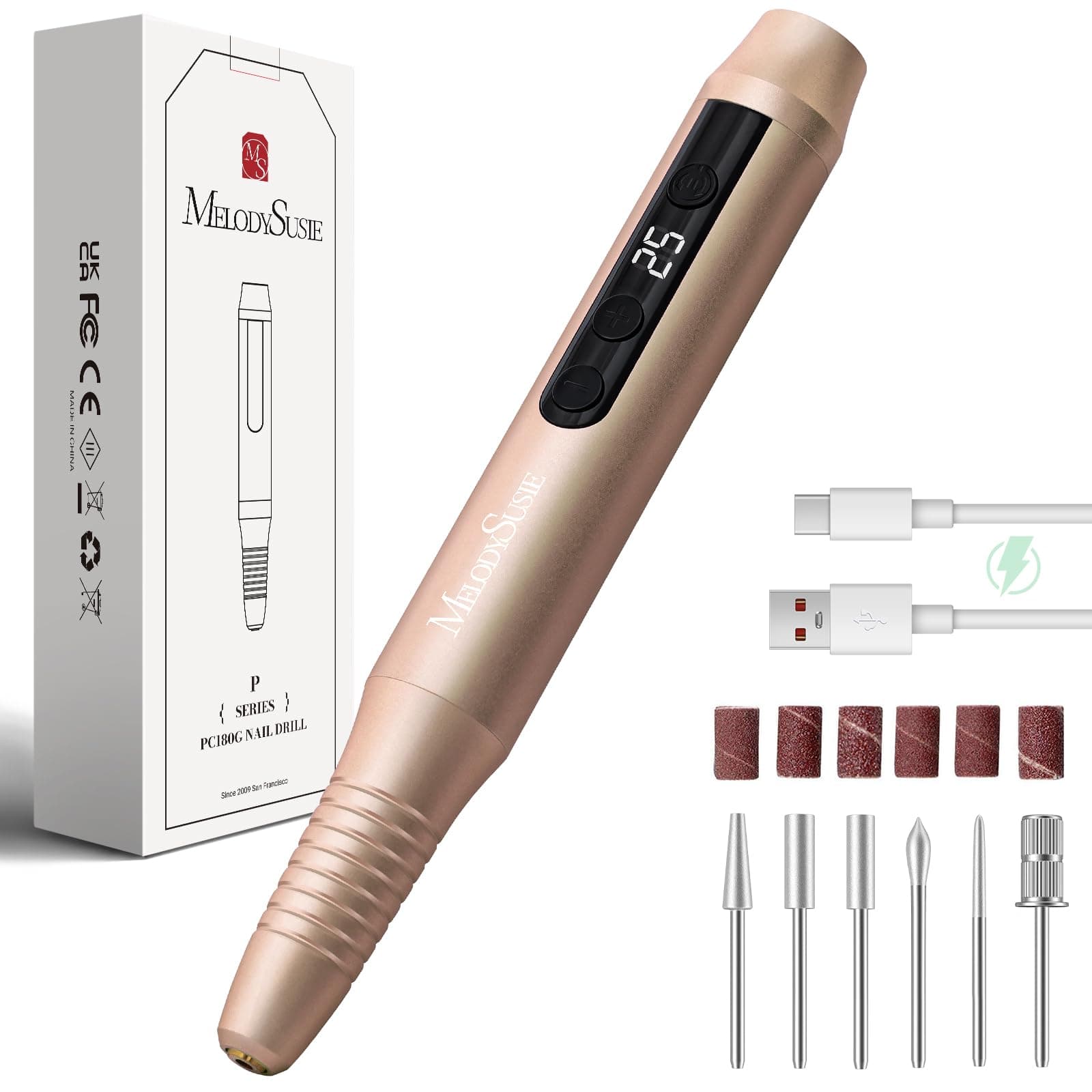 MelodySusie Kabellos Nagelfräser für Gelnägel, Elektrische Nagelfeile 25000 u/min, PC180G Professioneller Nail Drill mit 25 Geschwindigkeitsstufen und LED-Anzeige, Maniküre Pediküre Set (Gold)
