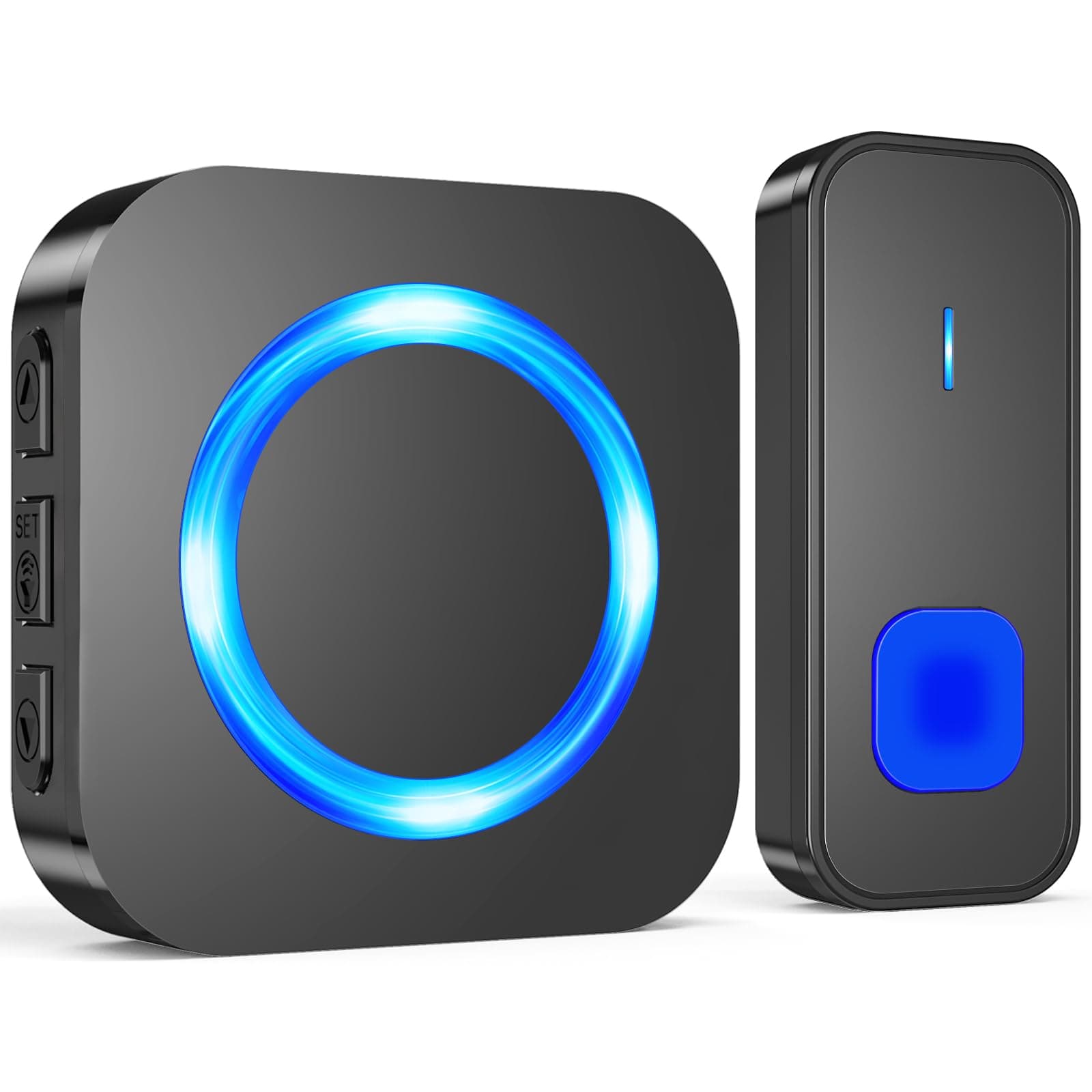 SURFOU Campanello Senza Fili da Esterno, Campanello Portata Wireless a Lunga Distanza di 400m per la Casa, Indicatore LED Pulsanti, Ricevitore da Interno con 5 Volumi Regolabili, 55 Suonerie, Nero