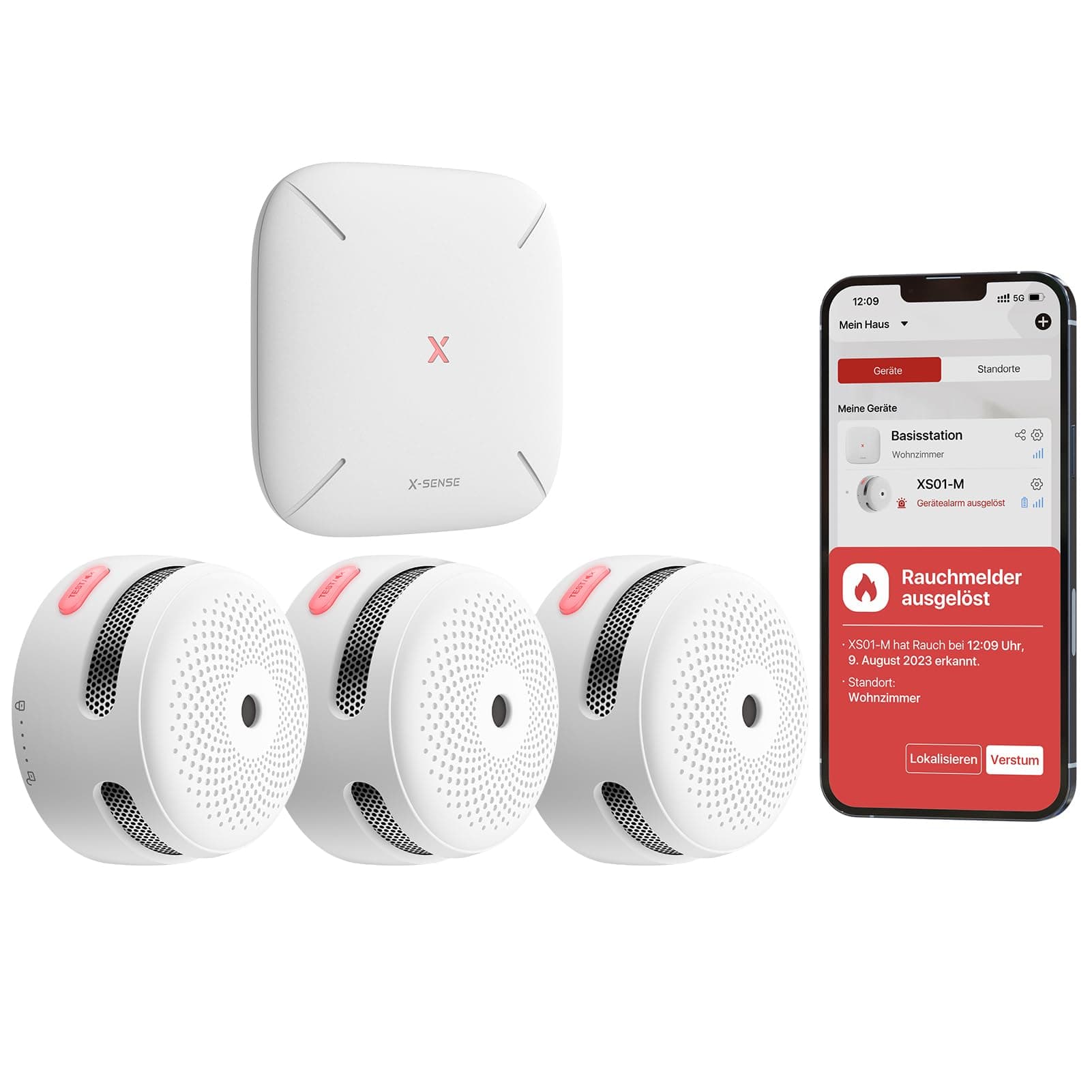 X-Sense Smart Rauchmelder XS01-M mit SBS50 Basisstation, Zertifiziert nach EN 14604, Funkrauchmelder mit WLAN, vernetzbarer Feuermelder, kompatibel mit der X-Sense Home Security App, FS31, 3 Stück